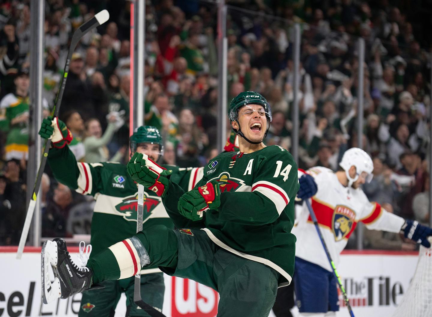 Wild center Joel Eriksson Ek celebrated  against Florida in their Oct. 12 game at Xcel Energy Center.