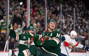 Wild center Joel Eriksson Ek celebrated against Florida in their Oct. 12 game at Xcel Energy Center.