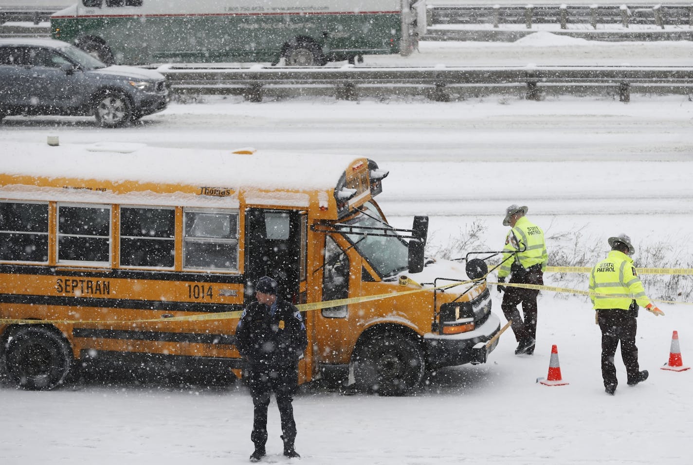 A school bus was involved on a shooting on HWY 94 near downtown. A person of interest was taken into custody.