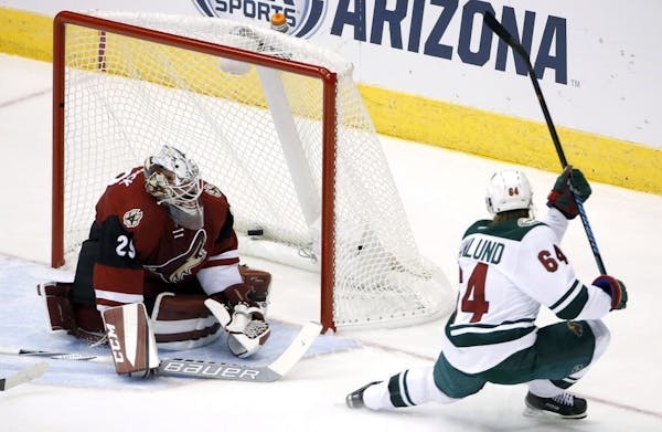 The Wild's Mikael Granlund scored against Coyotes goalie Anders Lindback during the second period of the Wild's 4-3 victory Thursday.