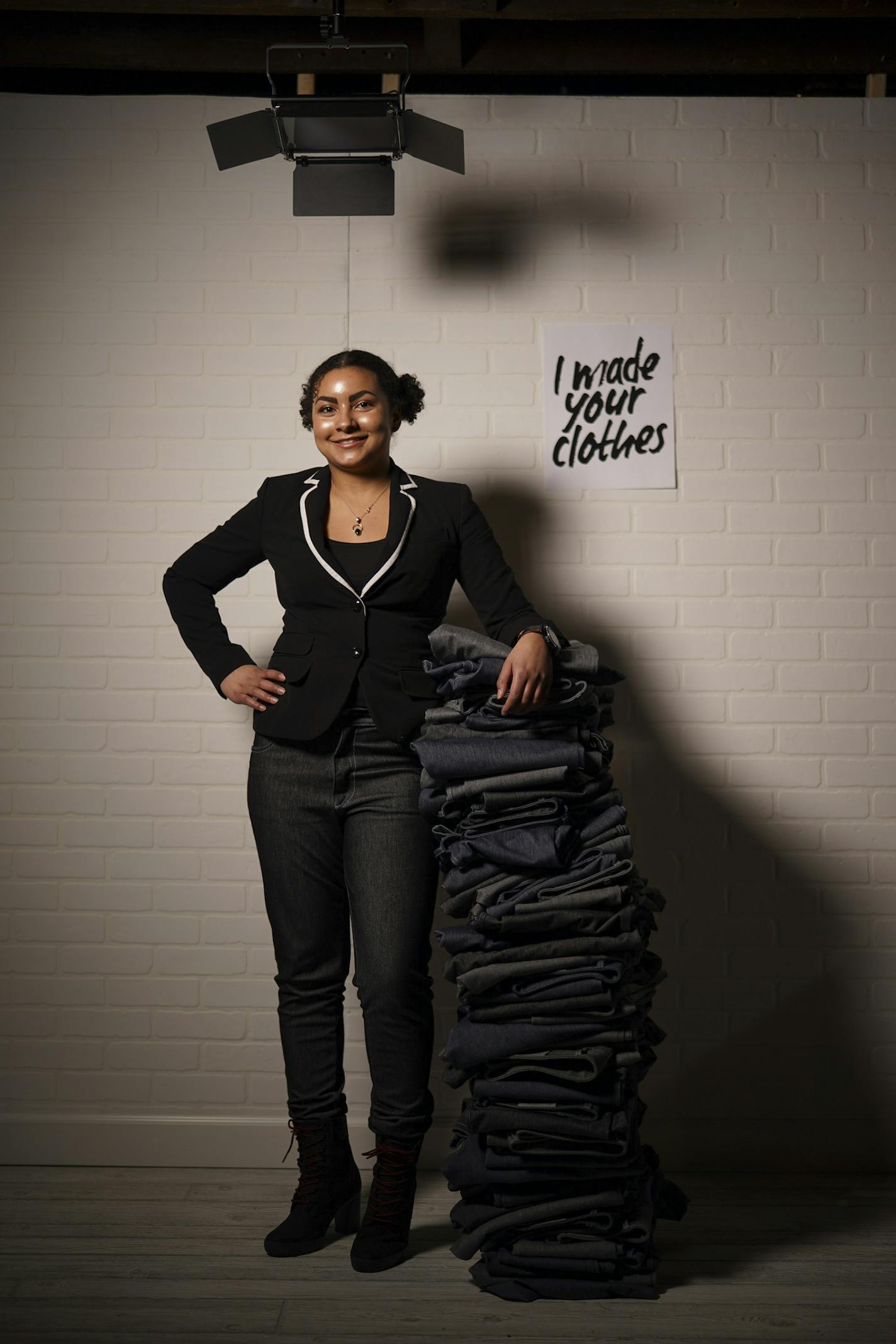 Salvia Lani with a stack of her Arctic Denim jeans. ] JEFF WHEELER &#x2022; Jeff.Wheeler@startribune.com When Salvia Lani moved to Minnesota from Hawaii she knew she had to do something to help her cope with the cold. Her line of waterproof, insulated jeans, Arctic Denim, is the result. He designed the jeans in cuts for men and women and are sewn locally. Salvia Lani was photographed Monday night, February 17, 2020 at her home in St. Paul.