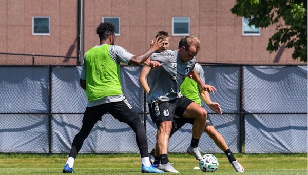 Minnesota United's Chase Gasper controlled the ball in a recent training session with teammates at the National Sports Center in Blaine. The Loons can
