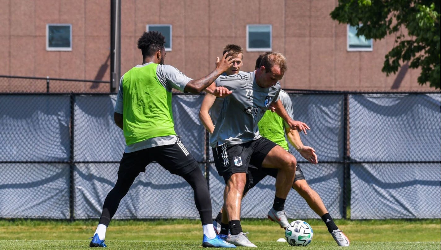 Minnesota United's Chase Gasper controlled the ball in a recent training session with teammates at the National Sports Center in Blaine. The Loons canceled Sunday night's scheduled scrimmage with Columbus because of what a team spokesman called an "overabundance of caution" regarding COVID-19.