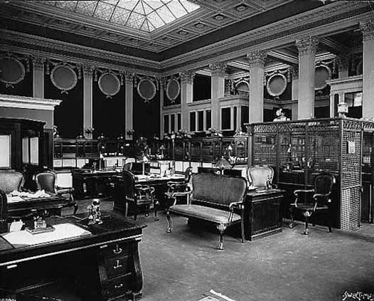 The interior of 1st National Bank in 1910.