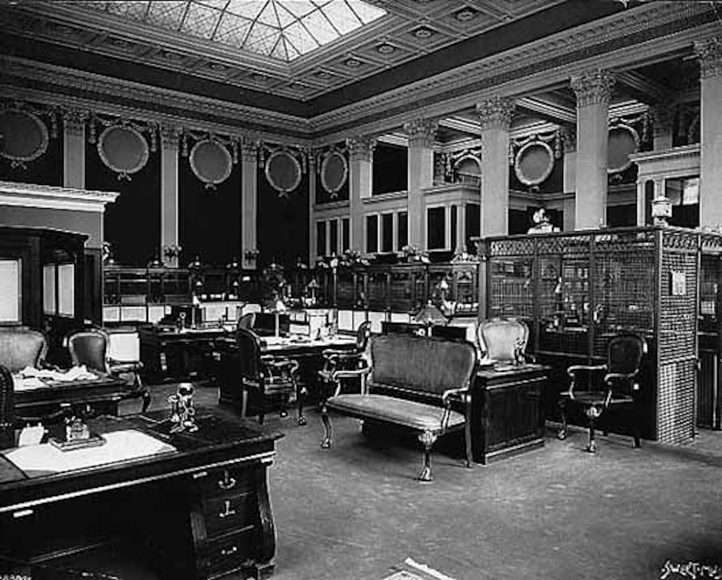 The interior of 1st National Bank in 1910.