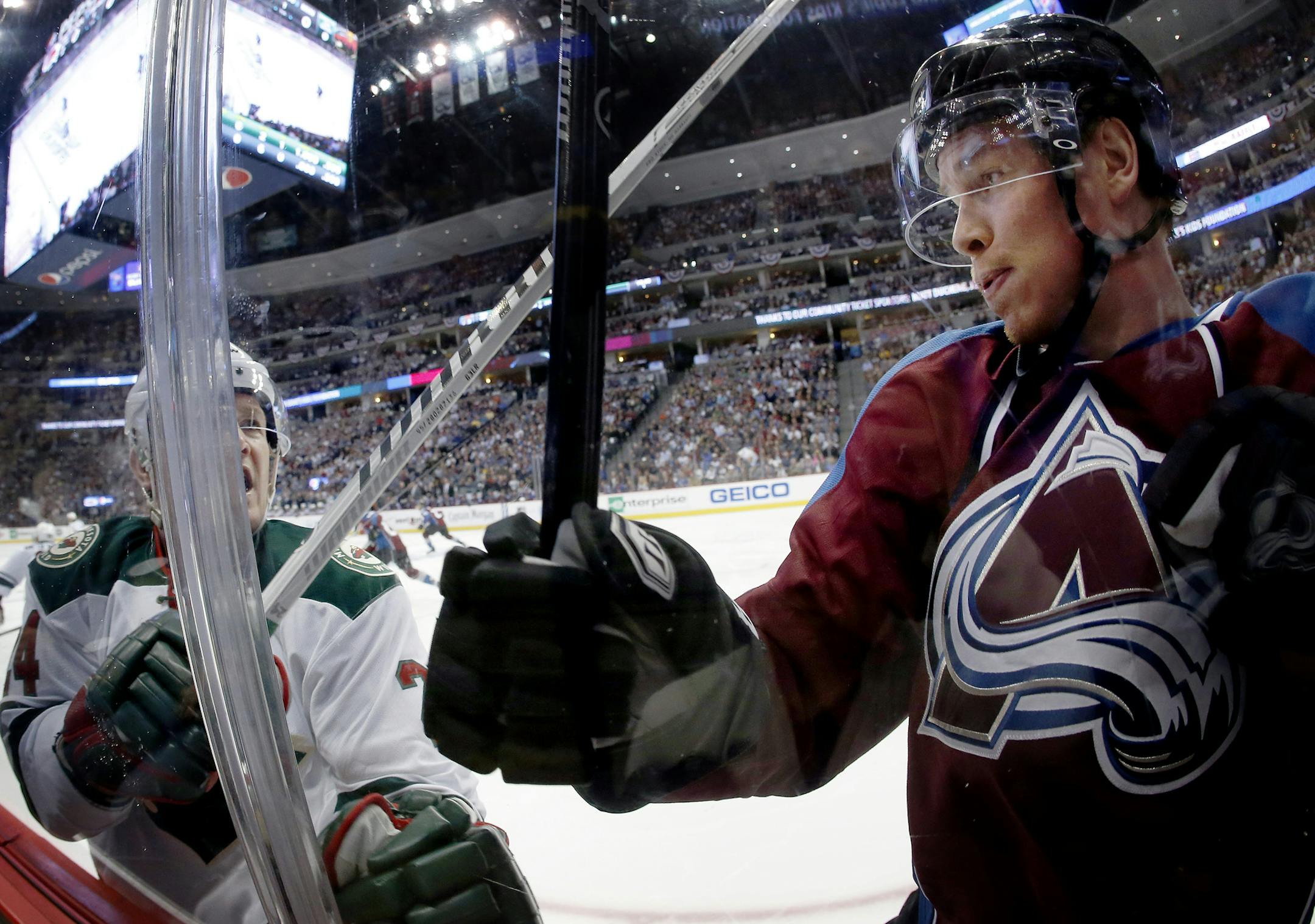 Game action from Wild vs. Avalanche, Stanley Cup playoffs Round 1, Game 1 in Denver.