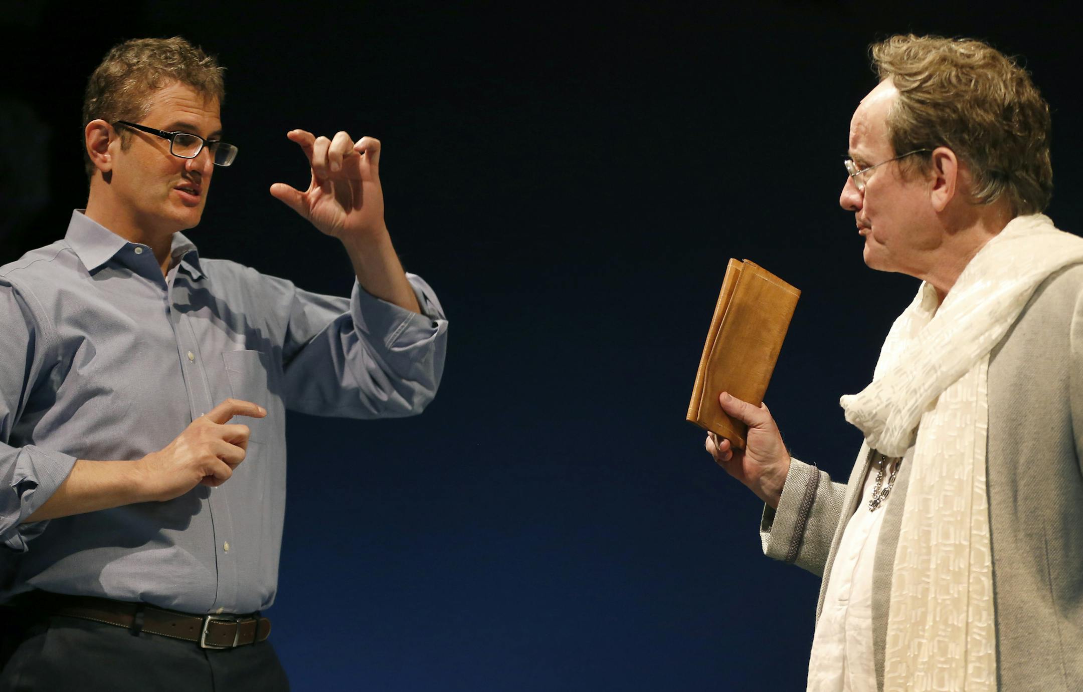 Guthrie artistic director Joe Haj, left, gave pointers to Michael J. Hume (Helicanus) during a rehearsal for "Pericles," with performances ending Feb. 21.