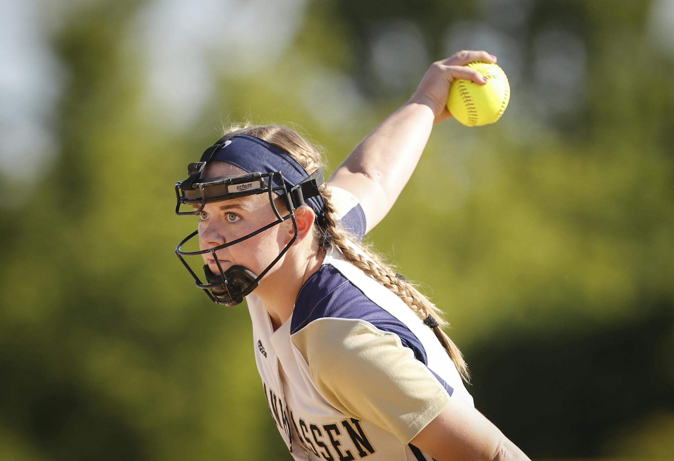 Chanhassen's Marybeth Olson, pitching during the Class 4A, Section 2 title game, has compiled a 12-0 record with an 0.58 ERA and 130 strikeouts this season.