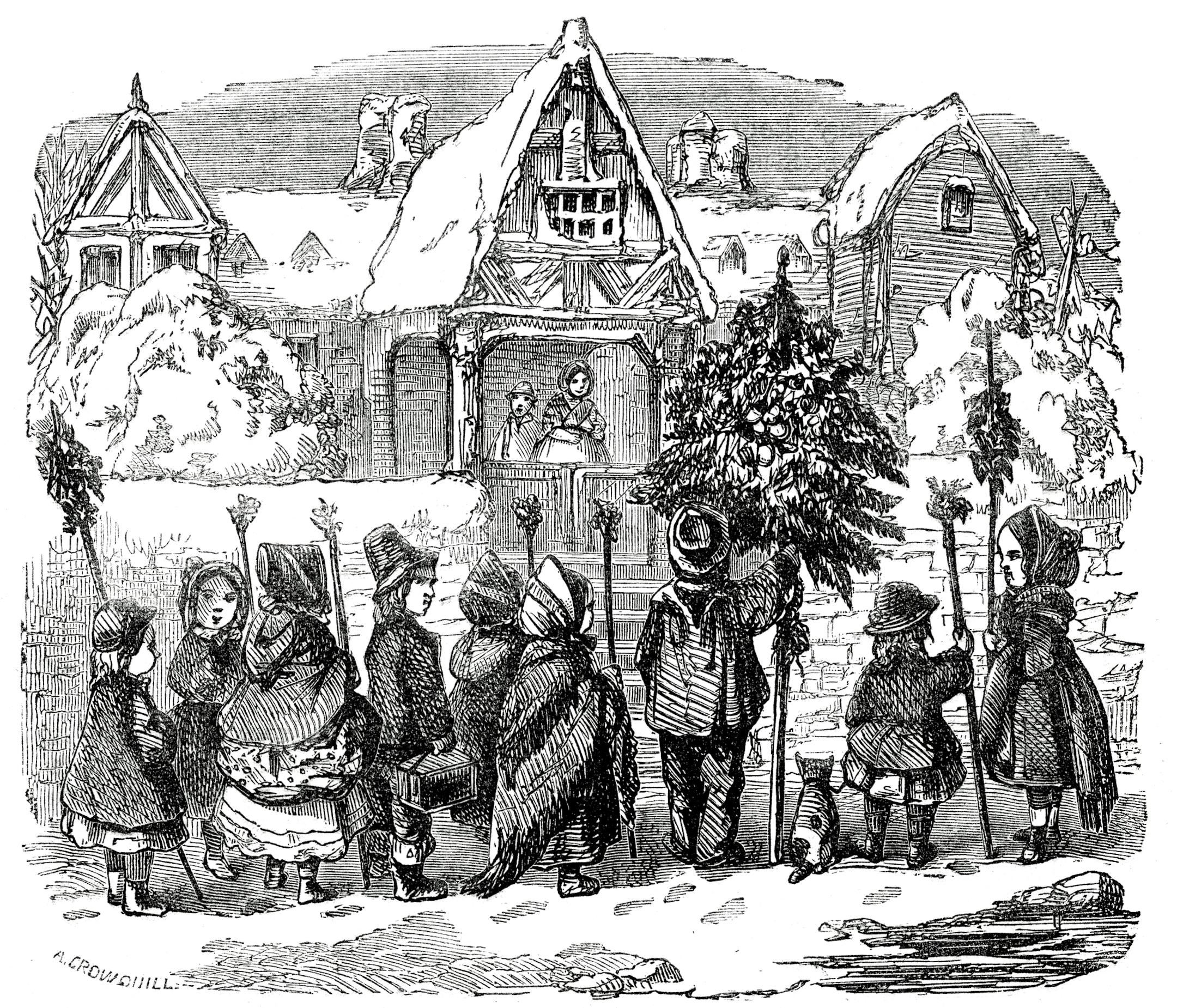 Vintage engraving from 1864 of a group of Victorian children singing Christmas carols.