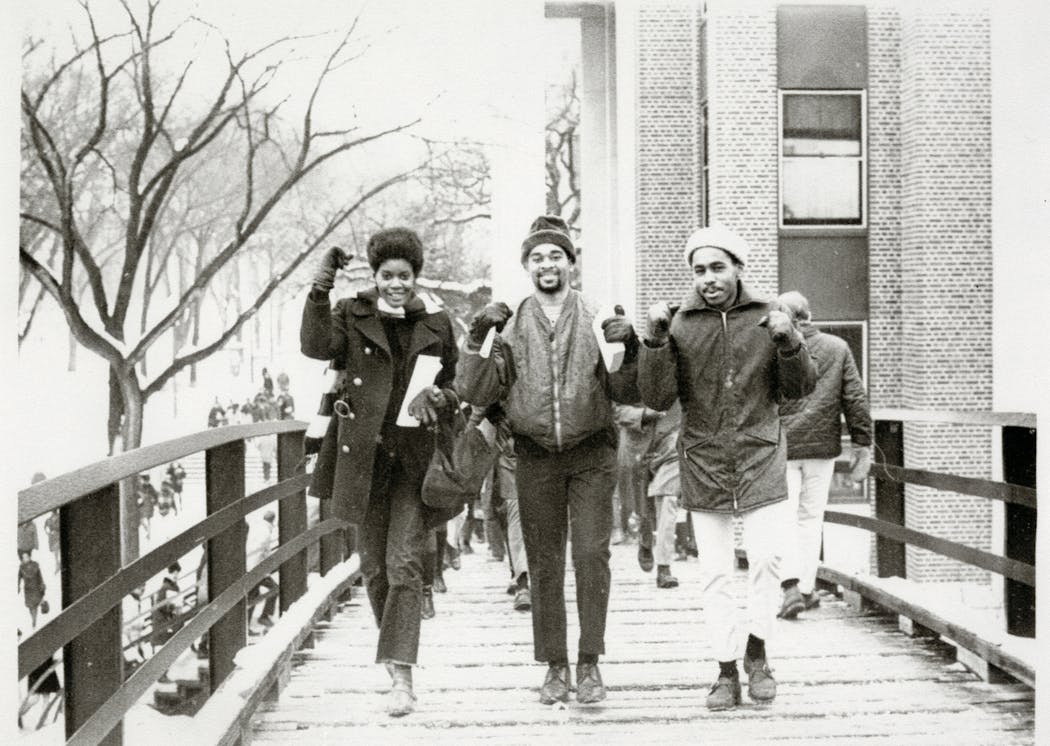 Rose Mary Freeman, Horace Huntley and Warren Tucker Jr. are the “Trio on Bridge,” part of the U of M’s “Takeover: Morrill Hall 1969” show.