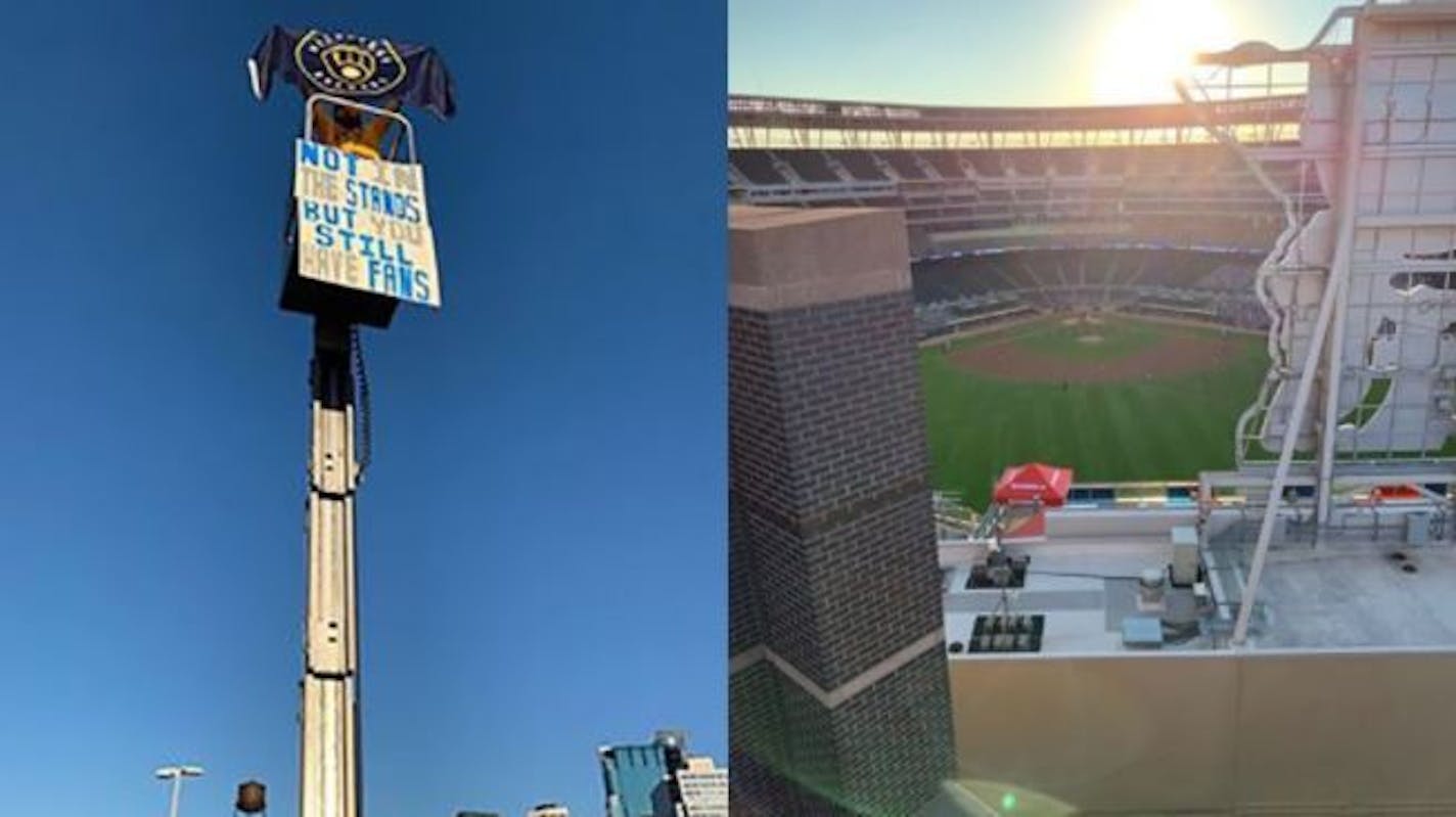 Two Milwaukee Brewers fans went to great heights to watch their favorite team take on the Twins at Target Field, but were caught in their aerial lift atop a parking ramp after the first few innings and given the heave-ho. Submitted photo