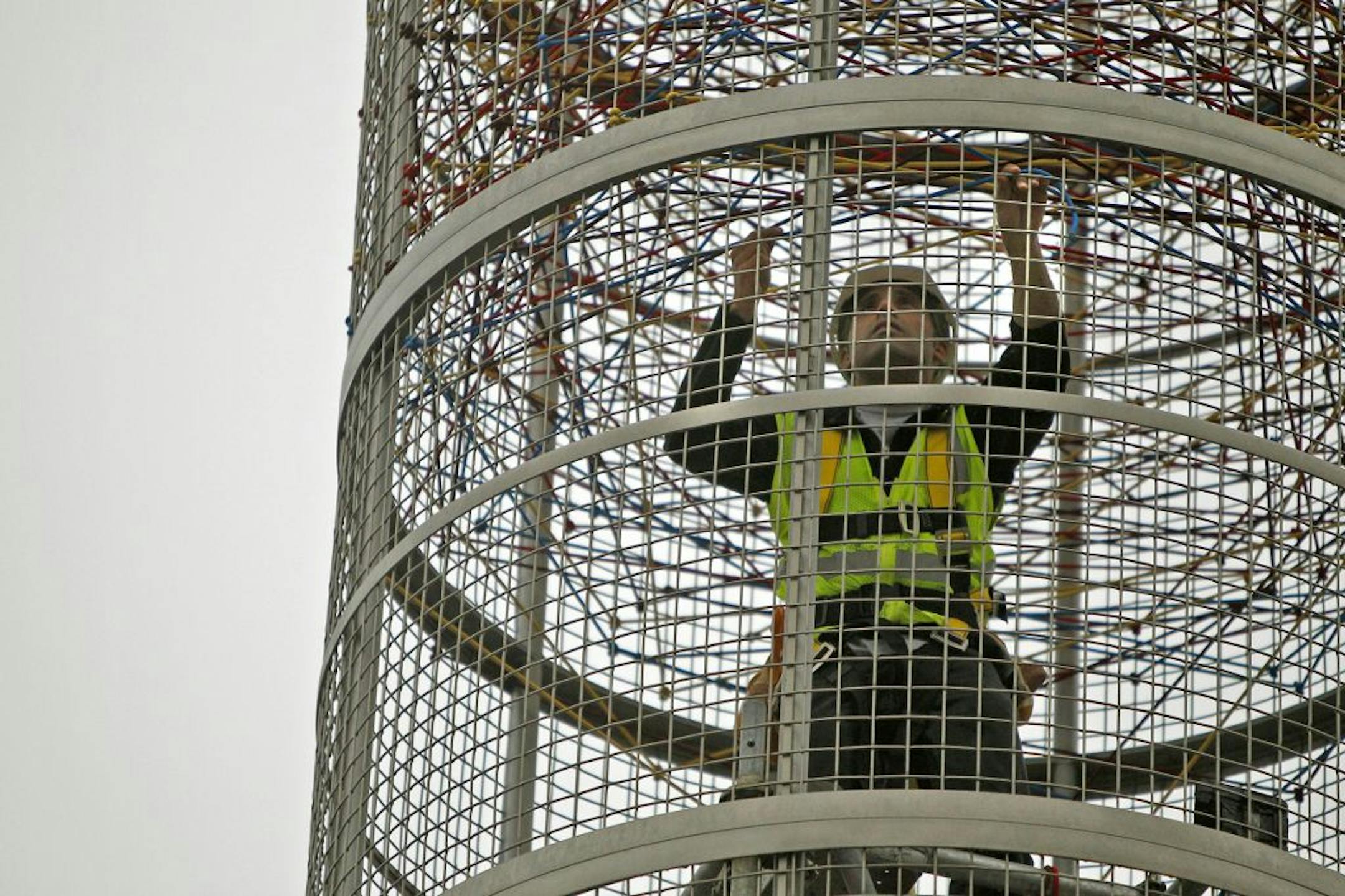 Renowed Sculptor Randy Walker worked on his latest creation, the iconic landark at the Towerlight on Wooddale Avenue known as "The Dream Elevator," Tuesday, October 23, 2012 in St. Louis Park, MN.(ELIZABETH FLORES/STAR TRIBUNE) ELIZABETH FLORES � eflores@startribune.com