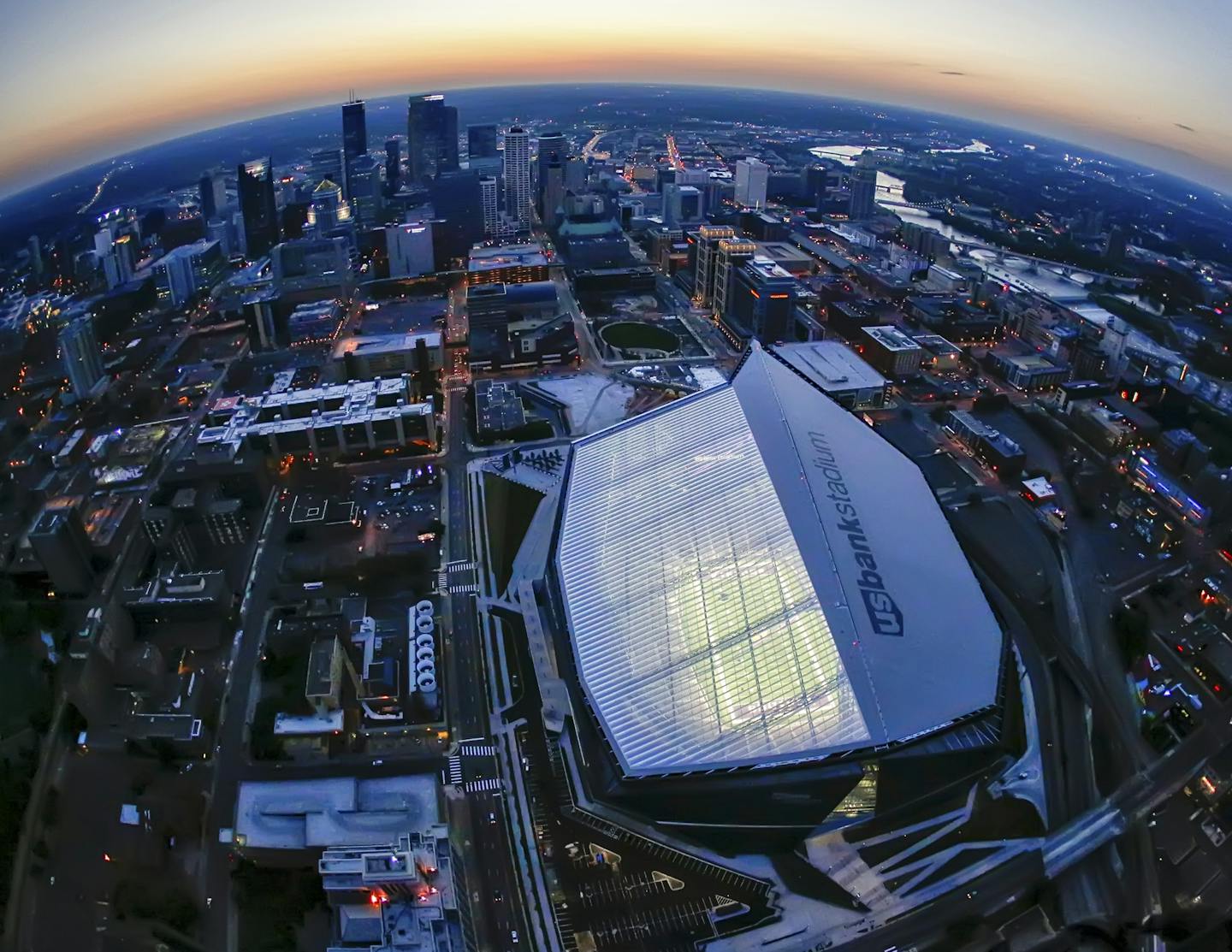 U.S. Bank Stadium, seen from the sky in all its splendor, stands ready for today&#x2019;s Vikings season home opener.