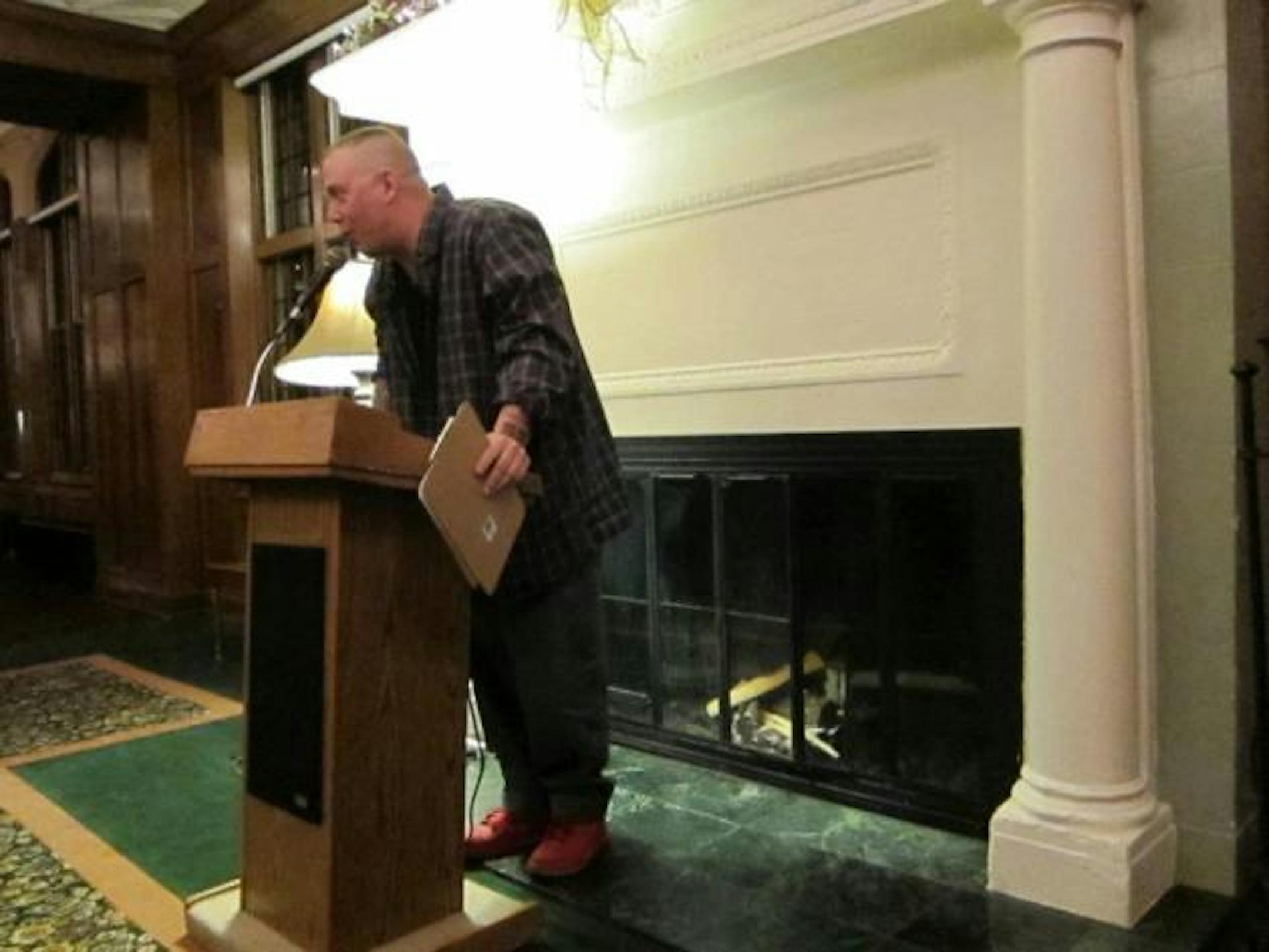 Danny Klecko--poet, baker, CEO of St. Agnes Bread Co. in St. Paul--read three poems. One of them was about bread, and poetry. He wore festive red shoes.