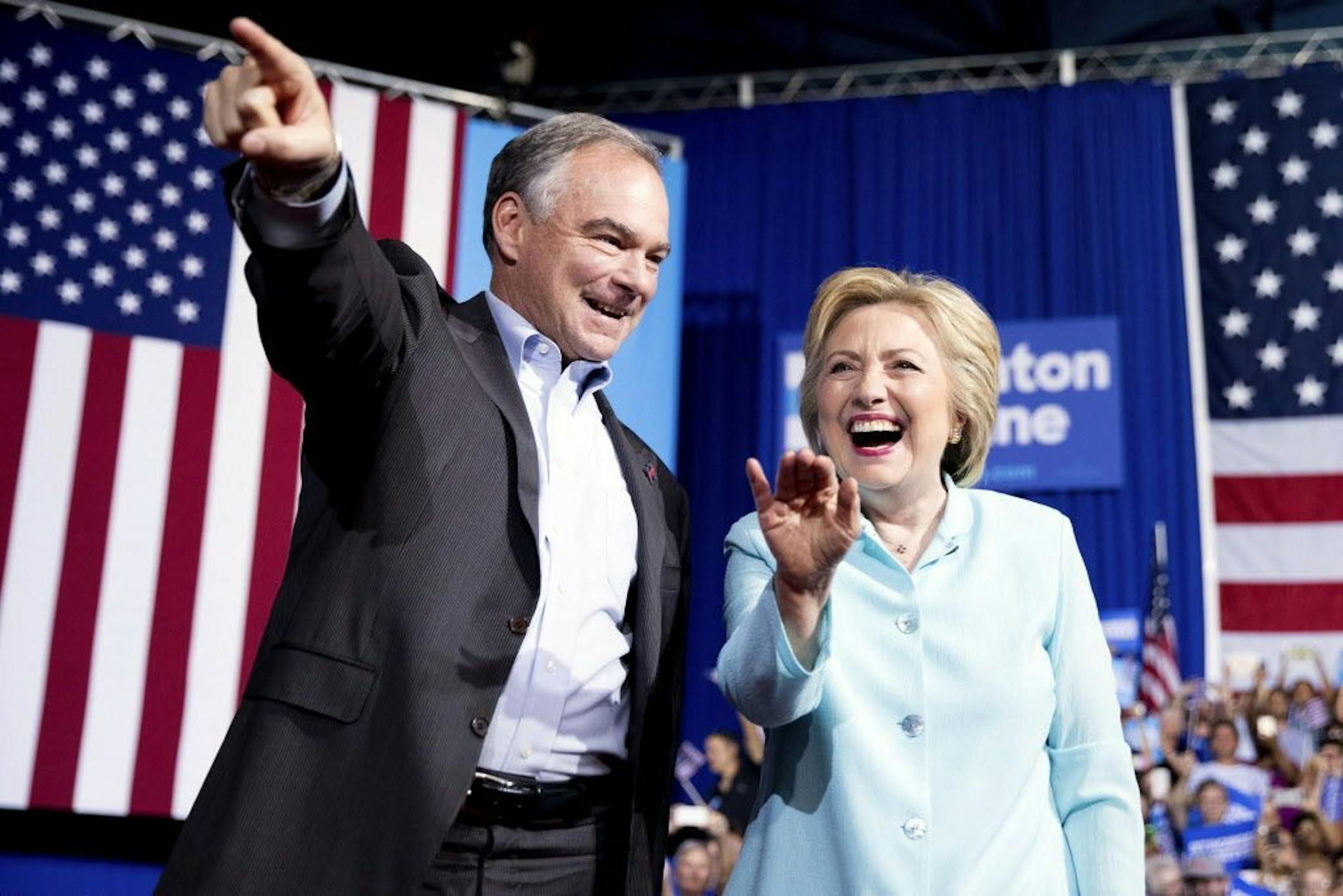Democratic presidential candidate Hillary Clinton and Sen. Tim Kaine, D-Va., arrive at a rally at Florida International University Panther Arena in Miami, Saturday, July 23, 2016. Clinton has chosen Kaine to be her running mate.