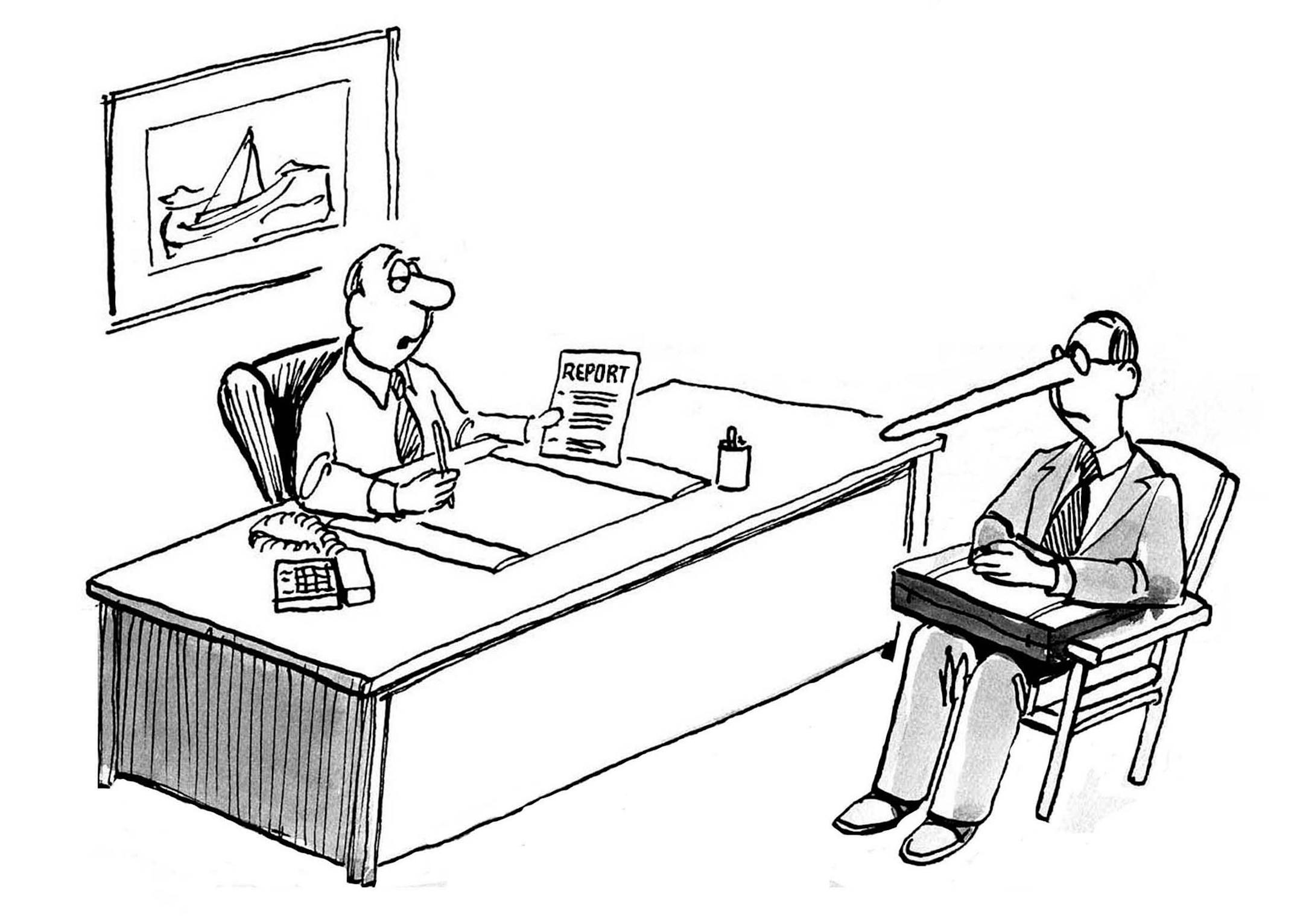 Business cartoon showing businessman with long nose talking to interviewer. Interviewer is holding his resume and asks him, "Everything on your resume is true... right?"