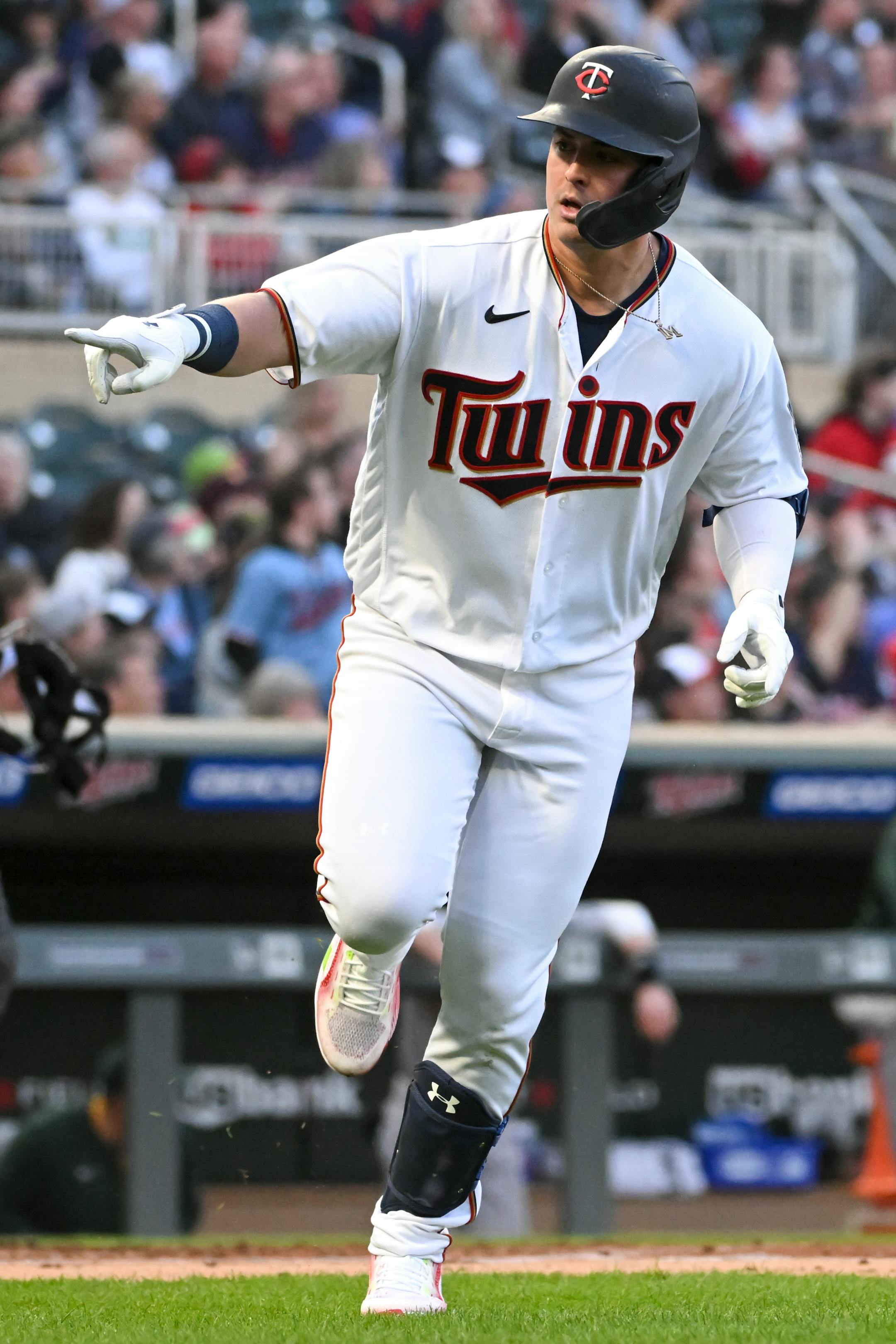 Minnesota Twins first baseman Jose Miranda (64) reacts after hitting his first career home run in the bottom of the second inning.