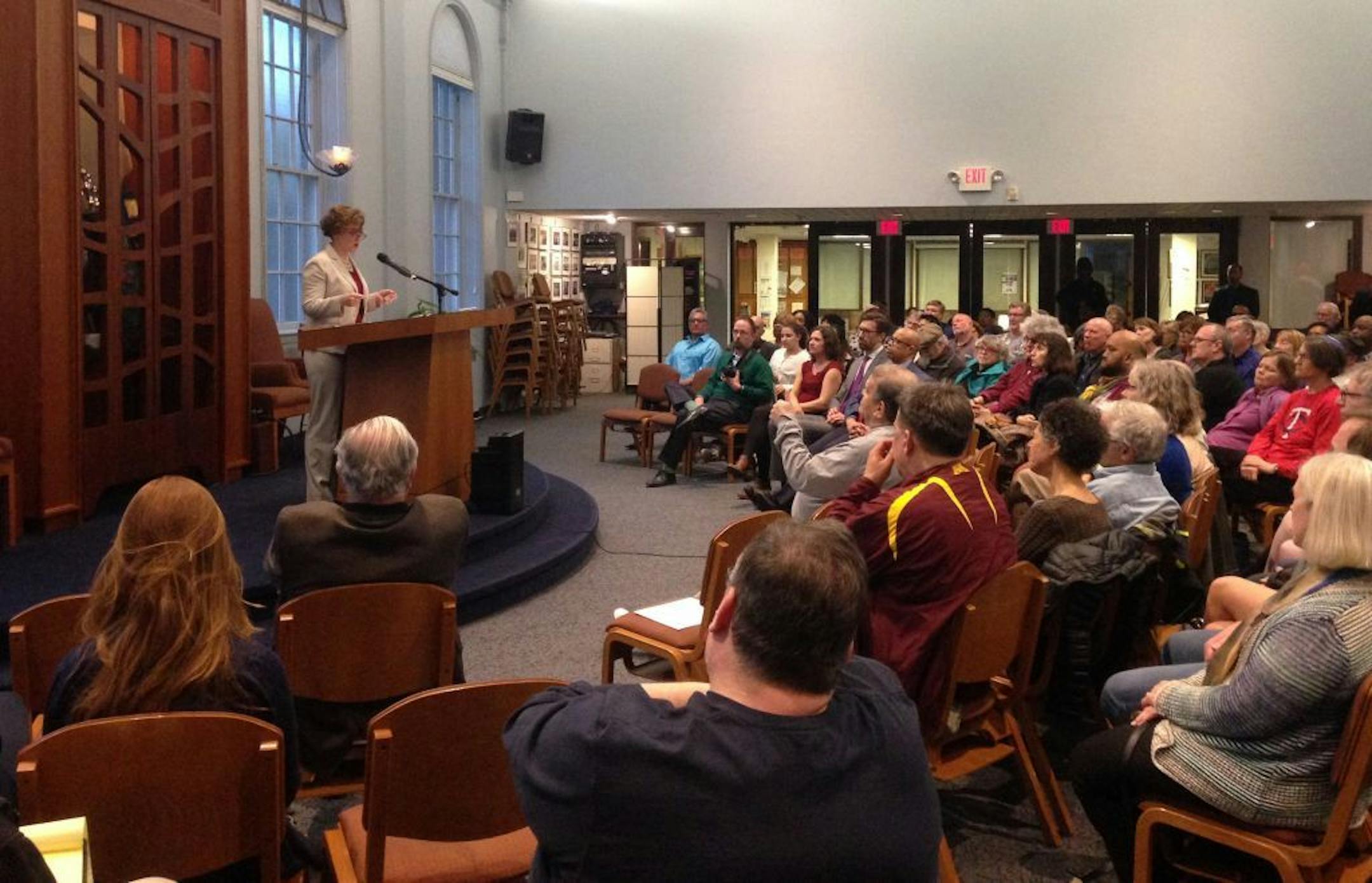 Minneapolis Mayor Betsy Hodges gives a "One Minneapolis in the Time of Trump" speech at Shir Tikvah in Minneapolis on April 17, 2017.