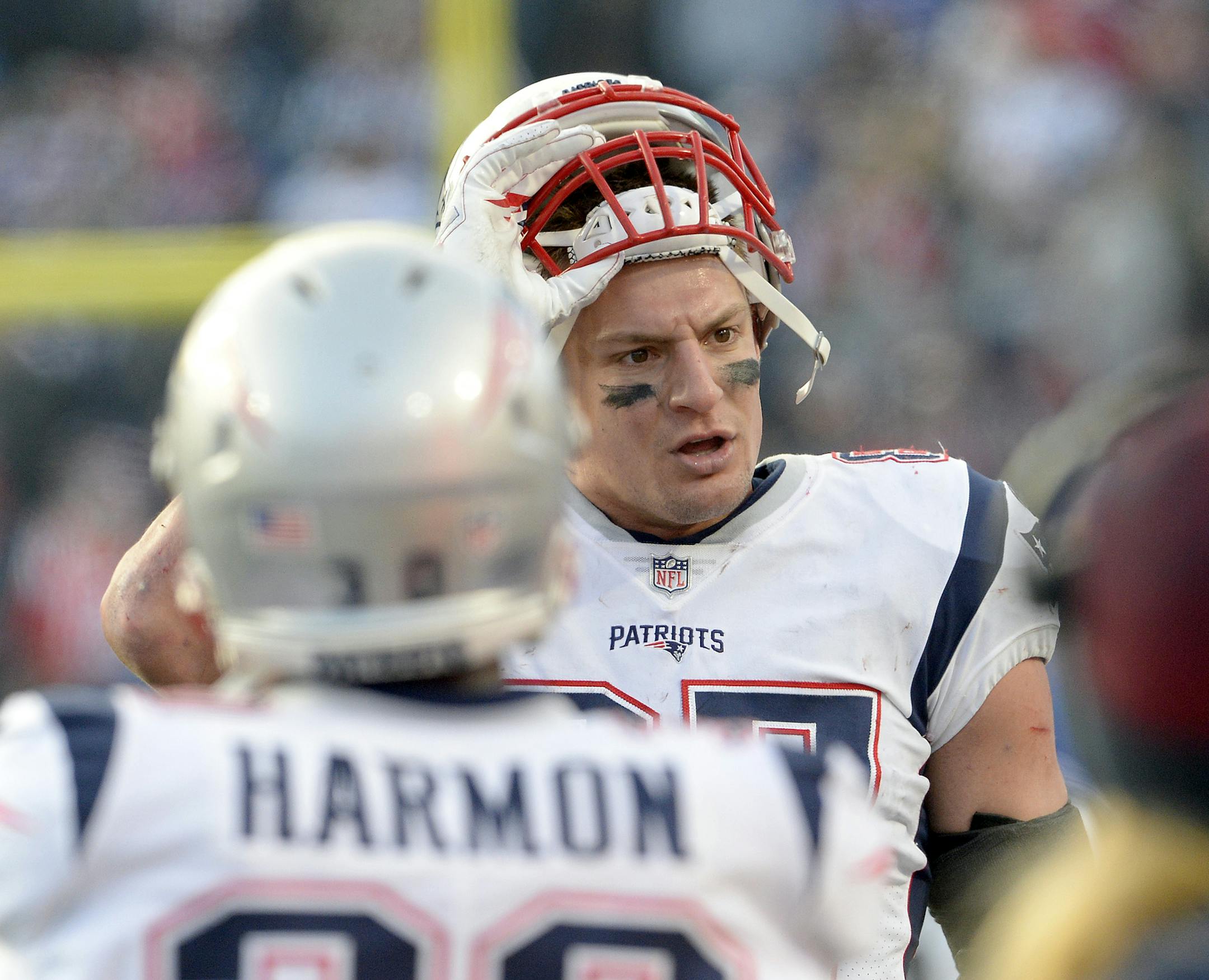 New England Patriots tight end Rob Gronkowski (87) looks on from the sideline after an argument with Buffalo Bills players during the second half of an NFL football game, Sunday, Dec. 3, 2017, in Orchard Park, N.Y. (AP Photo/Adrian Kraus)