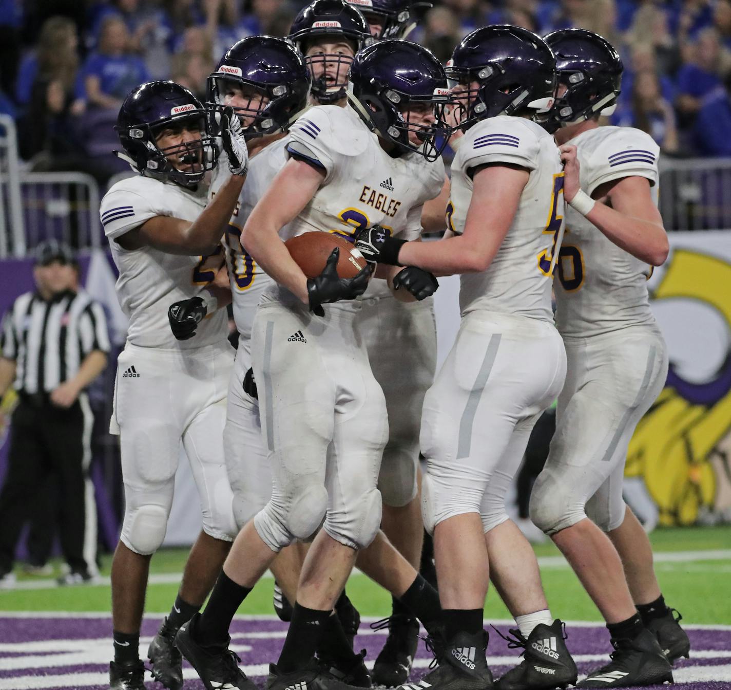 Rochester Lourdes' Zach Jungels (29) and his teammates celebrated after Jungels ran for a touchdown in the fourth quarter. ] Shari L. Gross &#xef; shari.gross@startribune.com Rochester Lourdes defeated Fairmont 24-7 in the class 3A championship game inside U.S. Bank Stadium on Saturday, Nov. 23, 2018