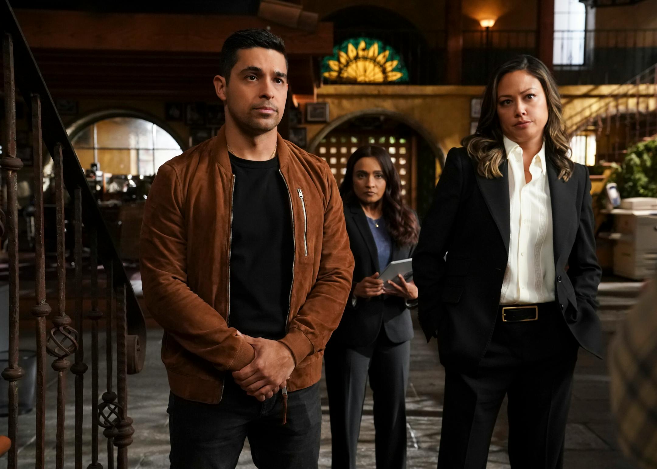 "A Long Time Coming" – Agents Rountree and Fatima are ambushed while searching for Kilbride, who has been MIA, and they learn that every member of the team has a hefty bounty on their head. The NCIS team must save Agent Rountree and find Kilbride while every cartel, hitman, gang and psychopath hunts them down, on the CBS Original series NCIS: LOS ANGELES, Monday, Jan. 9 (10:00-11:00 PM, ET/PT) on the CBS Television Network, and available to stream live and on demand on Paramount+. NCIS stars Gary Cole, Wilmer Valderrama and NCIS: HAWAI'I stars Vanessa Lachey and Yasmine Al-Bustami guest star in the episode, which is the conclusion to the three-episode crossover event with NCIS and NCIS: HAWAI'I. For the first time, NCIS, NCIS: HAWAI'I and NCIS: LOS ANGELES unite for a special three-hour NCIS crossover event for the hit CBS Original series on Monday, Jan. 9 (8:00-11:00 PM, ET/PT) on the CBS Television Network, and available to stream on Paramount. Pictured (L-R): Wilmer Valderrama (NCIS Special Agent Nicholas "Nick" Torres), Kavi Ramachandran Ladnier (NCIS Reserve Agent Shyla Dahr) and Vanessa Lachey (Jane Tennant). Photo: Sonja Flemming/CBS ©2022 CBS Broadcasting, Inc. All Rights Reserved.