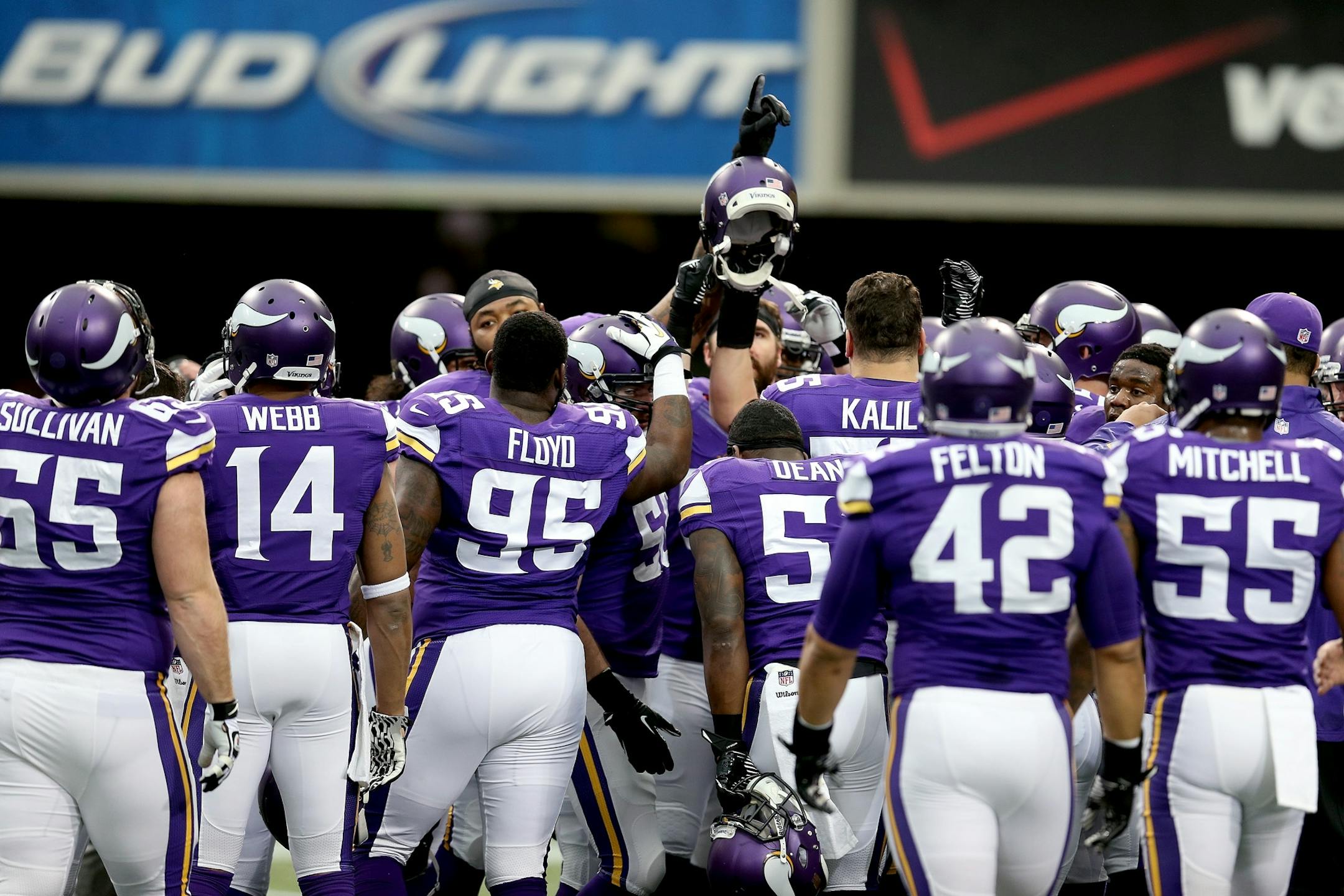 Minnesota Vikings took to the field for a team huddle before the Vikings took on the Lions at Mall of America Field, Sunday, December 29, 2013.