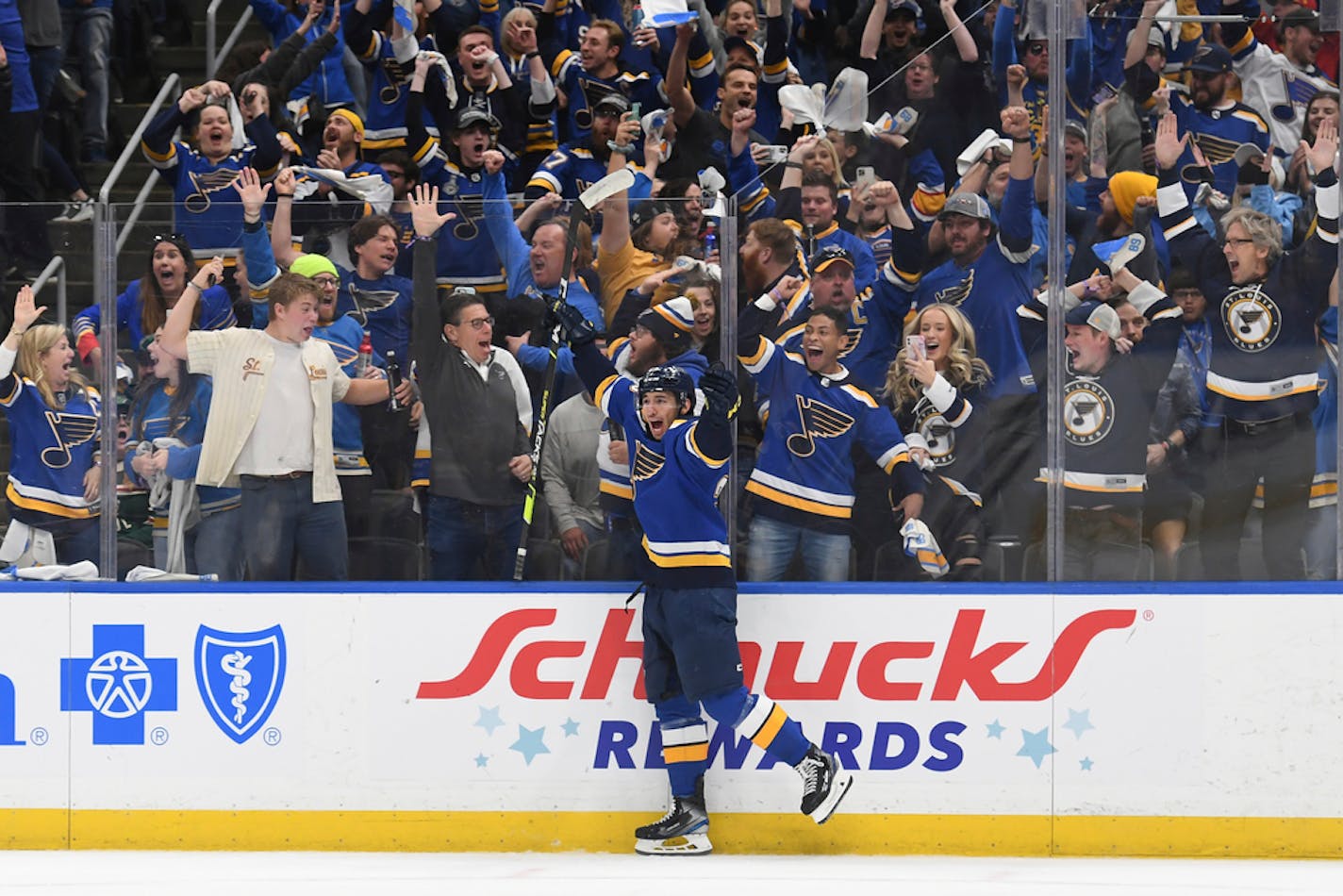 St. Louis Blues' Jordan Kyrou (25) celebrates after scoring a goal Sunday.