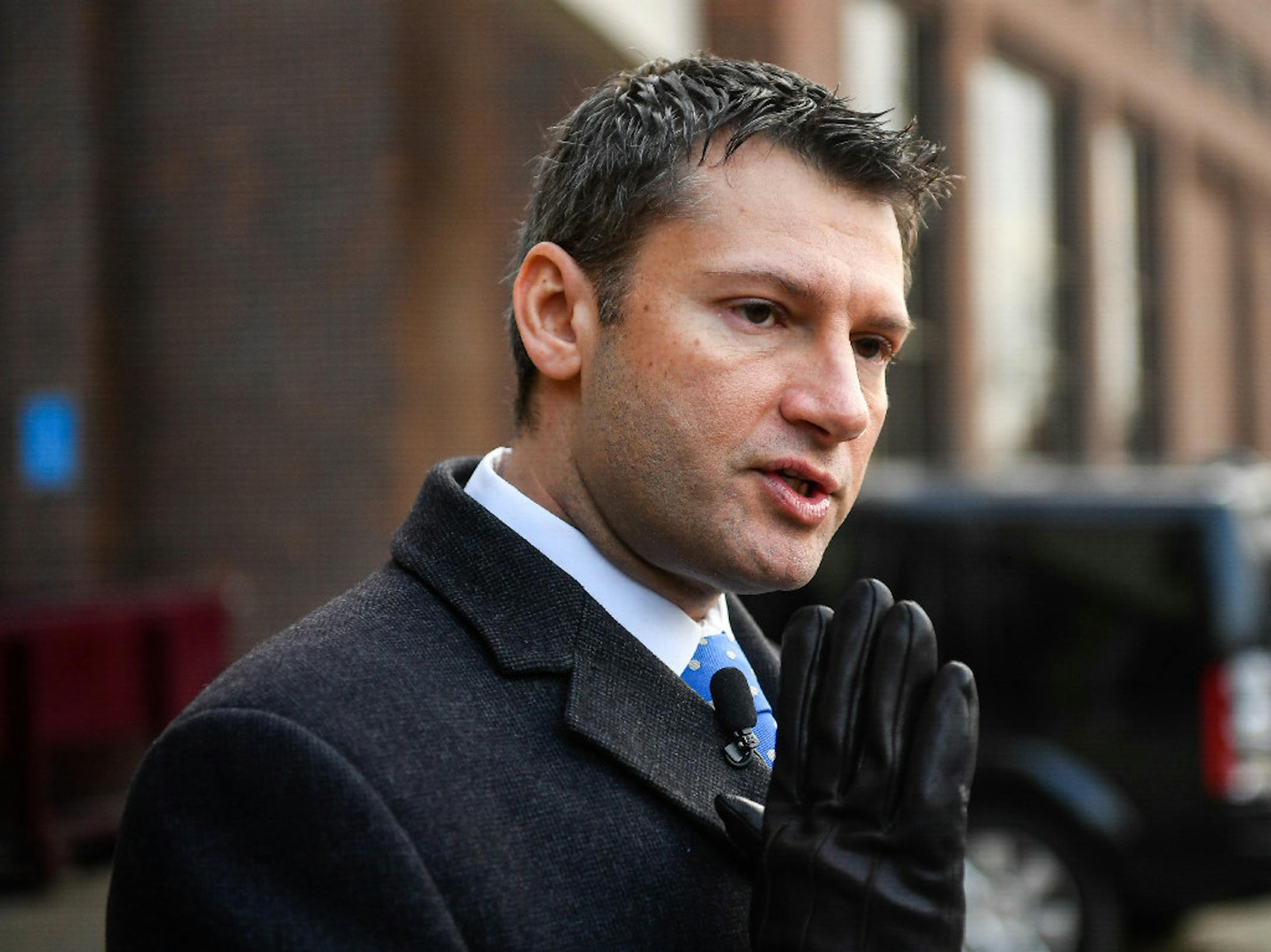 Attorney Ryan Pacyga, spoke to reporters on behalf of Gophers football player Antoine Winfield Jr. in front of the Gibson-Nagurski Complex on Saturday in Minneapolis.