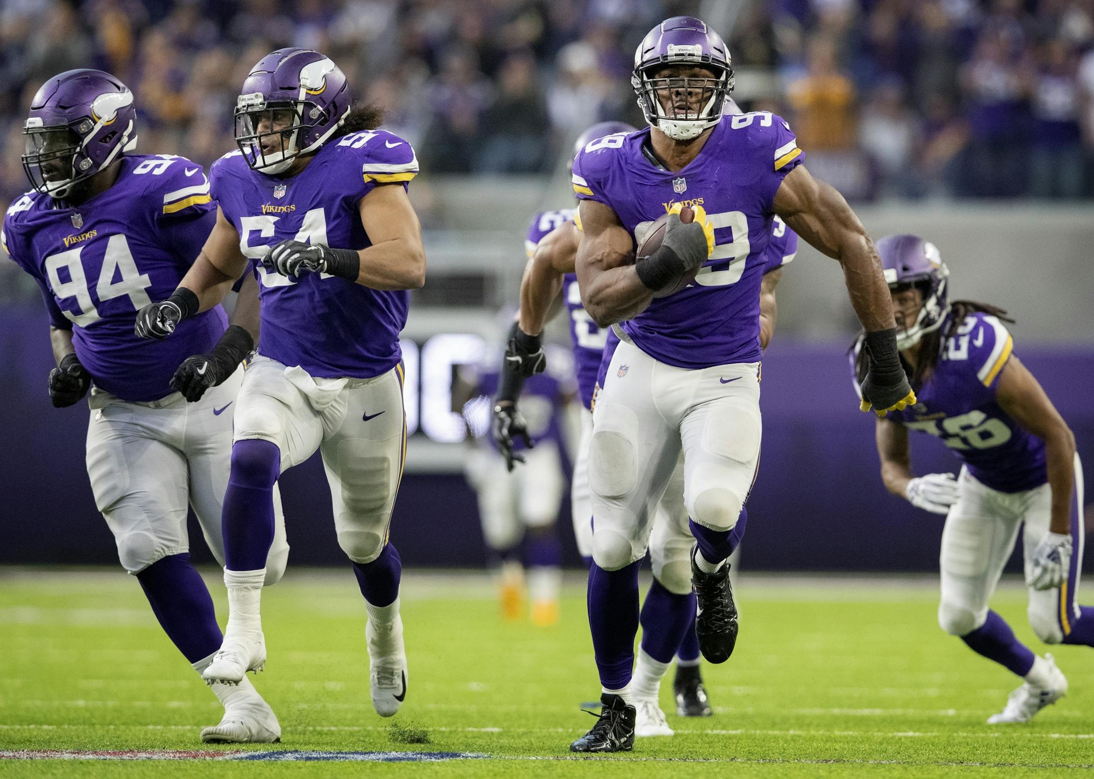 Kerryon Johnson (33) could not handle a pitch by Matthew Stafford in the fourth quarter. Danielle Hunter recovered a fumble and returned it 32-yards for a touchdown.