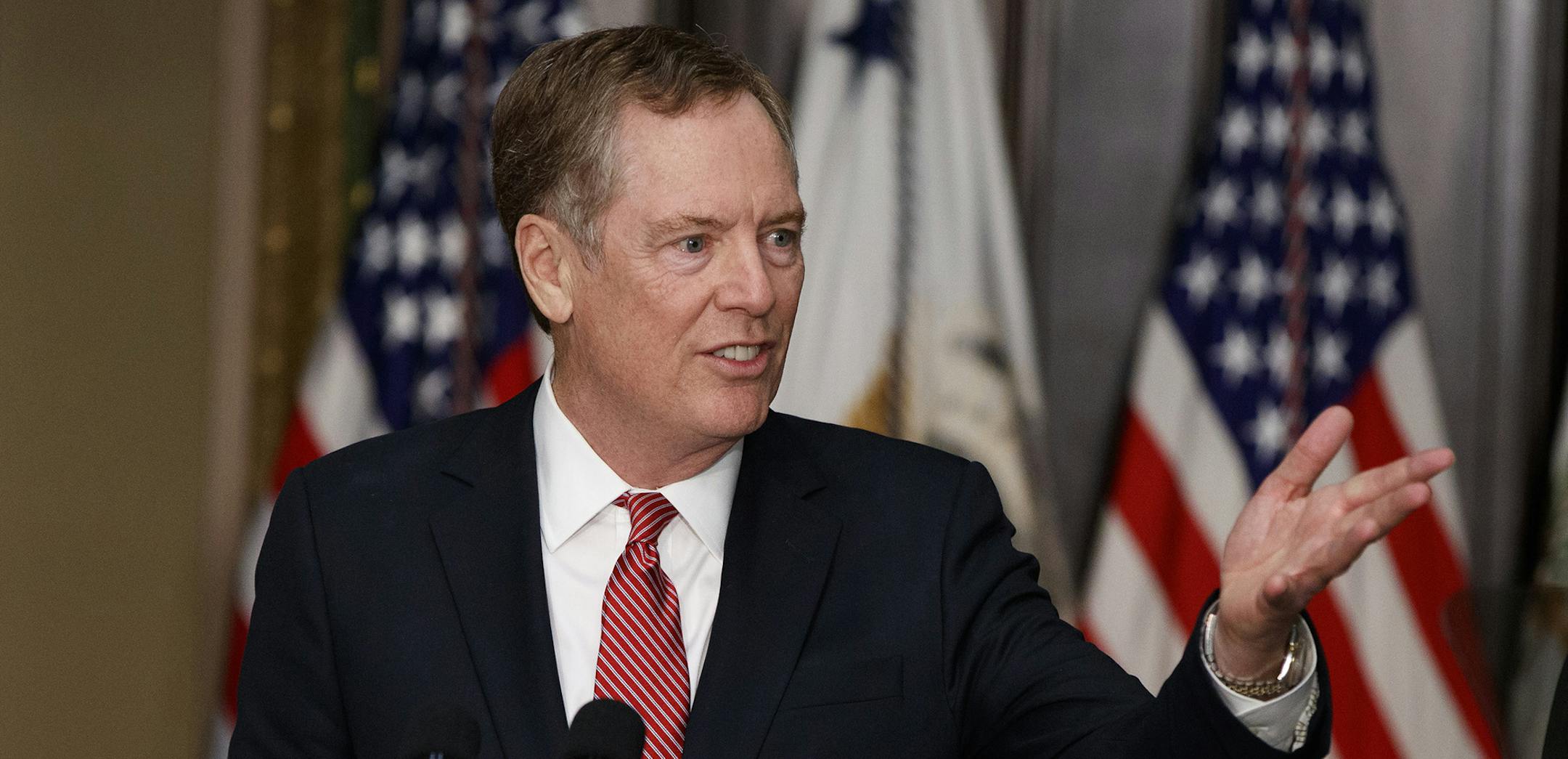 FILE- In this Monday, May 15, 2017, photo, U.S. Trade Representative Robert Lighthizer speaks in the Eisenhower Executive Office Building on the White House complex in Washington during his swearing-in ceremony. Lighthizer sent a letter to congressional leaders on Thursday, May 18, starting 90 days of consultations with lawmakers over how to revamp the North American Free Trade Agreement with Canada and Mexico. (AP Photo/Evan Vucci, File) ORG XMIT: MIN2017052215305646