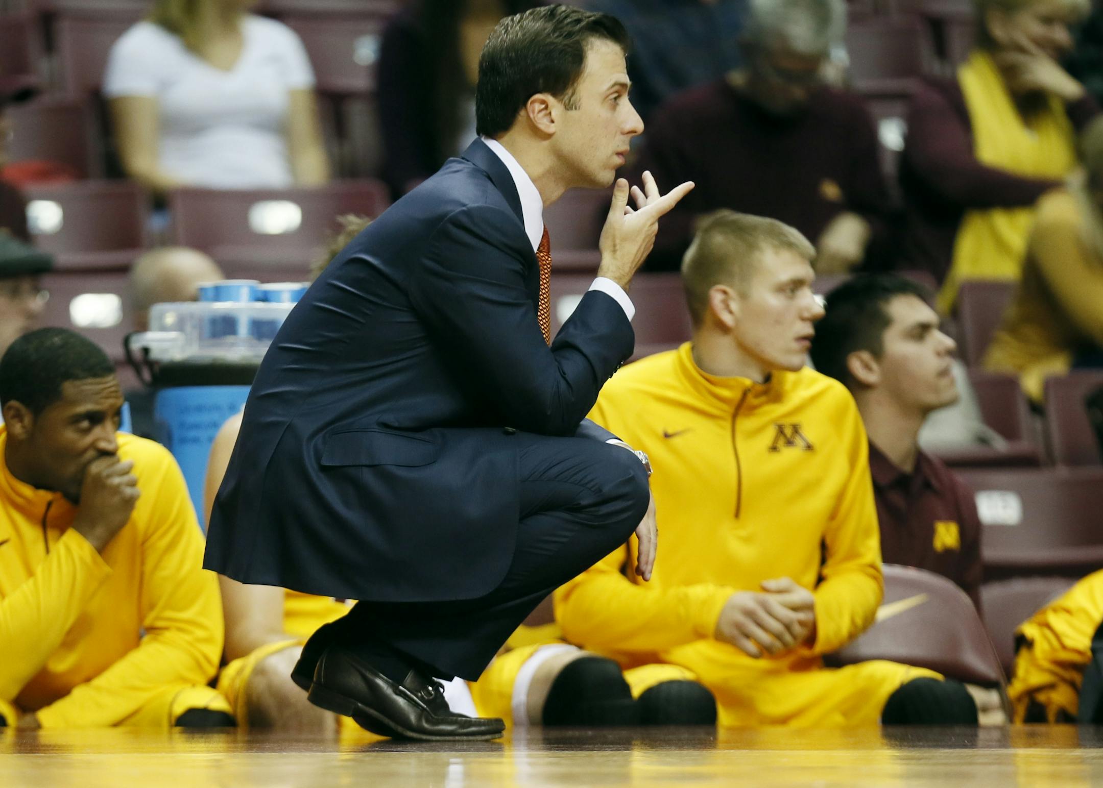 Minnesota head coach Richard Pitino watched his team play during NCAA basketball action between MInnesota and Montana at Williams arena Tuesday November 12, 2013 in Minneapolis , MN.