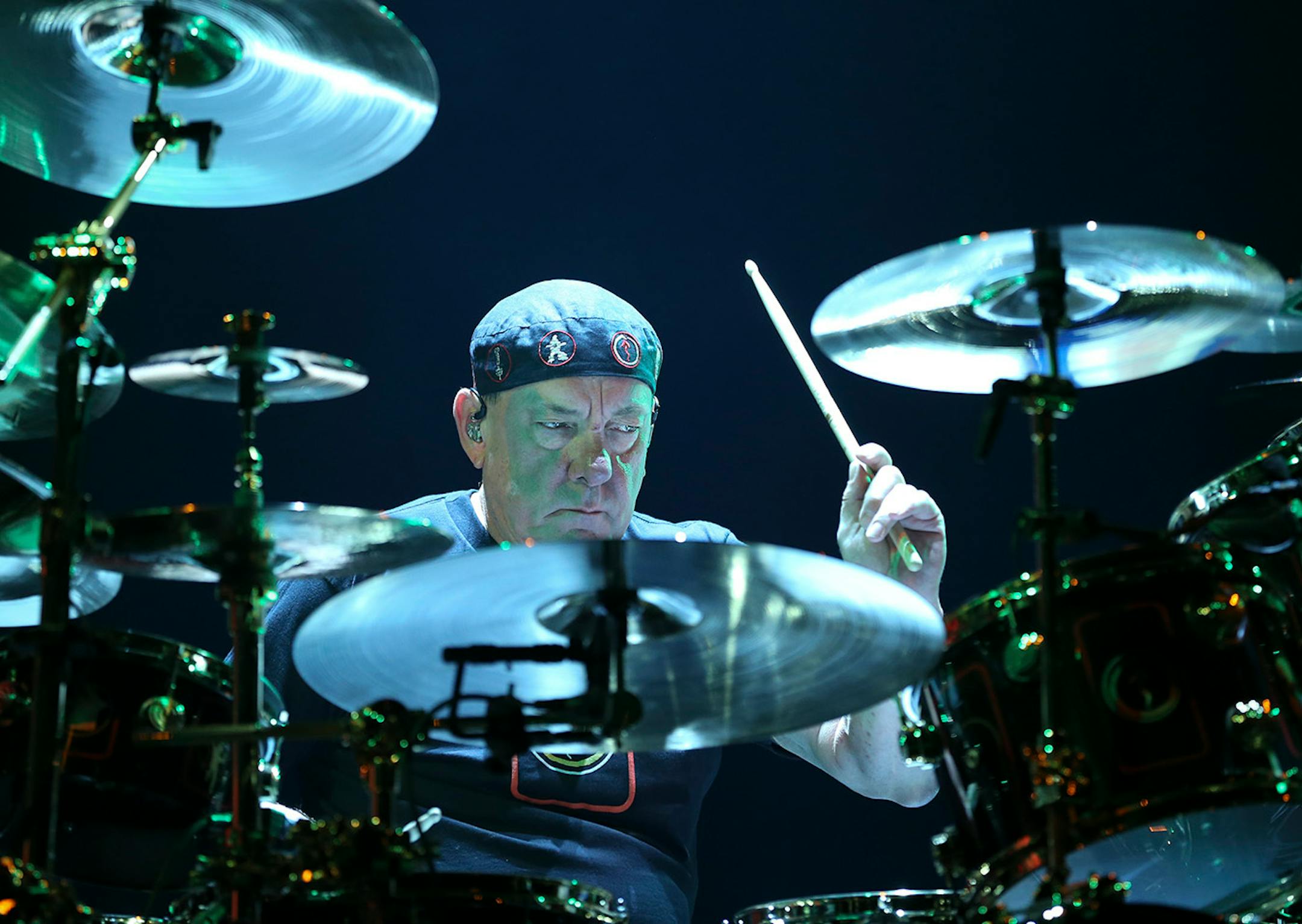 Rush drummer Neil Peart early in the band's first set Tuesday night. ] JEFF WHEELER ï jeff.wheeler@startribune.com Canadian rock gods Rush performed at Xcel Energy Center in St. Paul, Tuesday night, May 12, 2015.