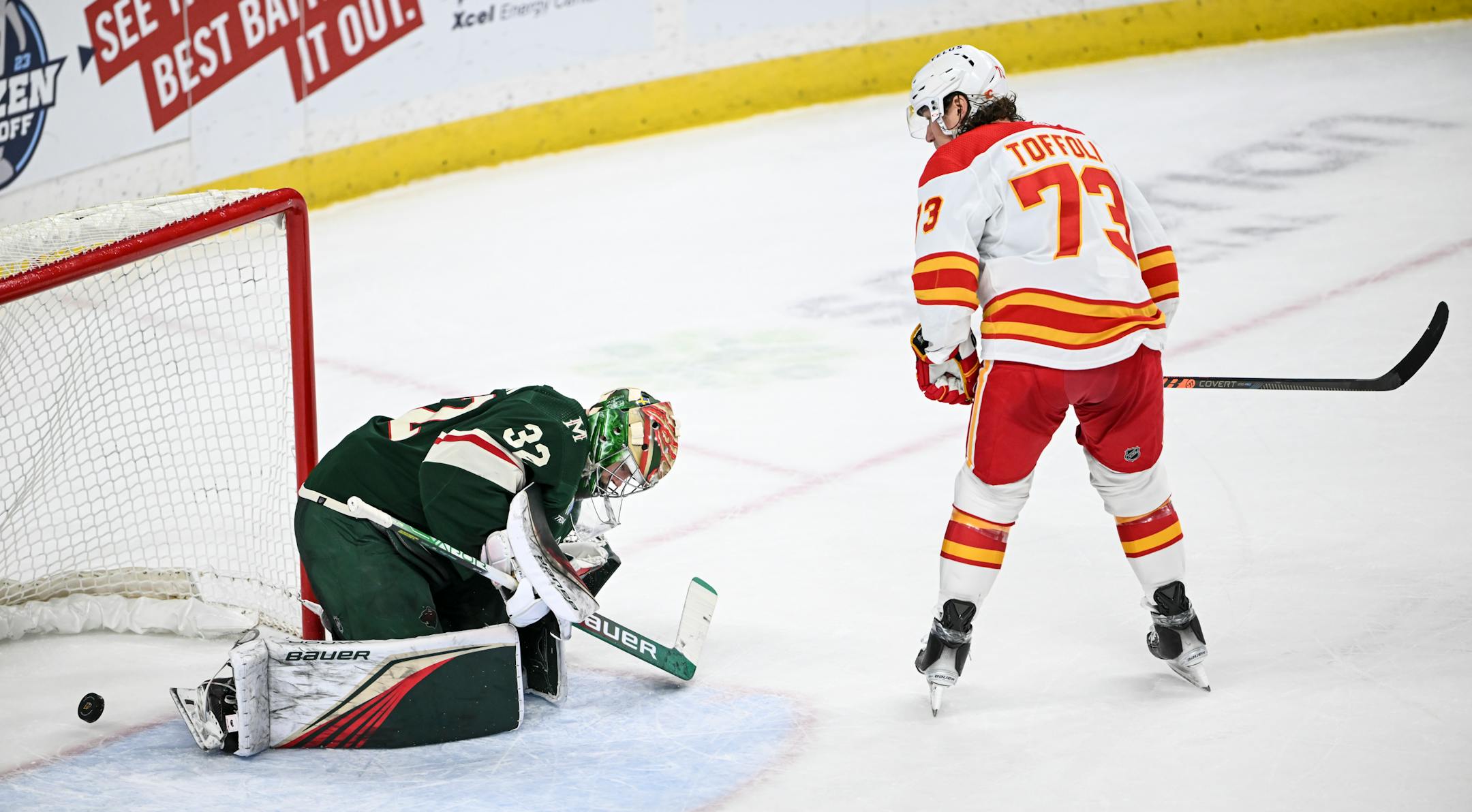Calgary Flames right wing Tyler Toffoli (73) scores the game-winning goal during a sudden death shootout.