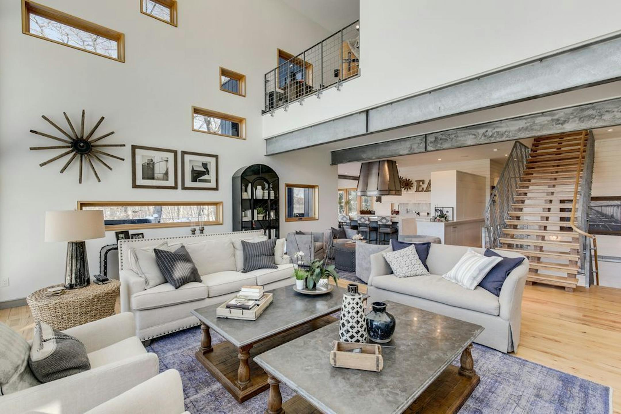 A loft overlooks the living room.
