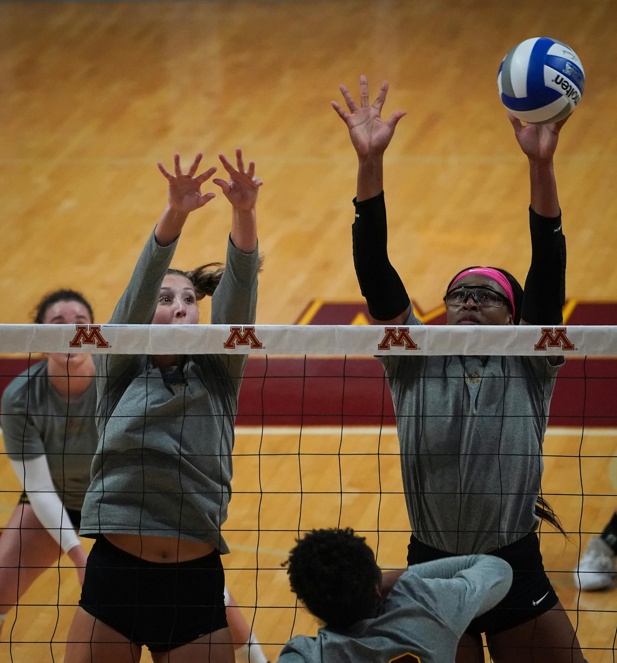 Middle blockers Shea Rubright (left) and Taylor Morgan were able to block a hit by Stephanie Samedy. ] Shari L. Gross ¥ shari.gross@startribune.com The University of Minnesota volleyball team held an intra-squad scrimmage inside the Maturi Pavilion on Saturday, Aug. 24, 2019. Hot topic: How will the Gophers replace Triple-S at setter? (tentative run date) The U got an experienced transfer, UCLA's Kylie Miller as a stopgap because a top recruit is expected to fill the role in 2021. 22" BLOUN