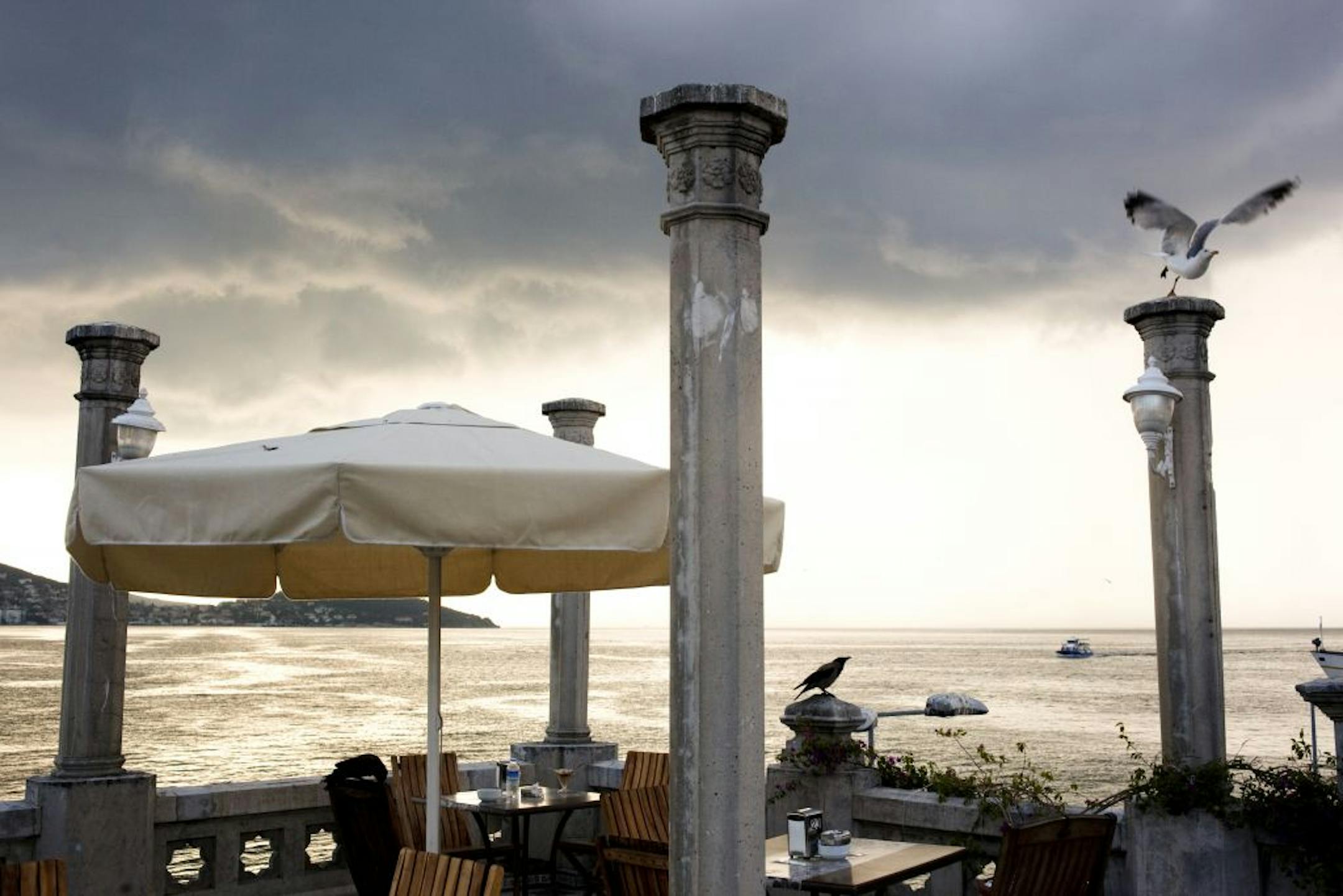 A view of the Sea of Marmara from a restaurant over a ferry boat terminal on the island of Buyukada, near Istanbul province, Turkey,