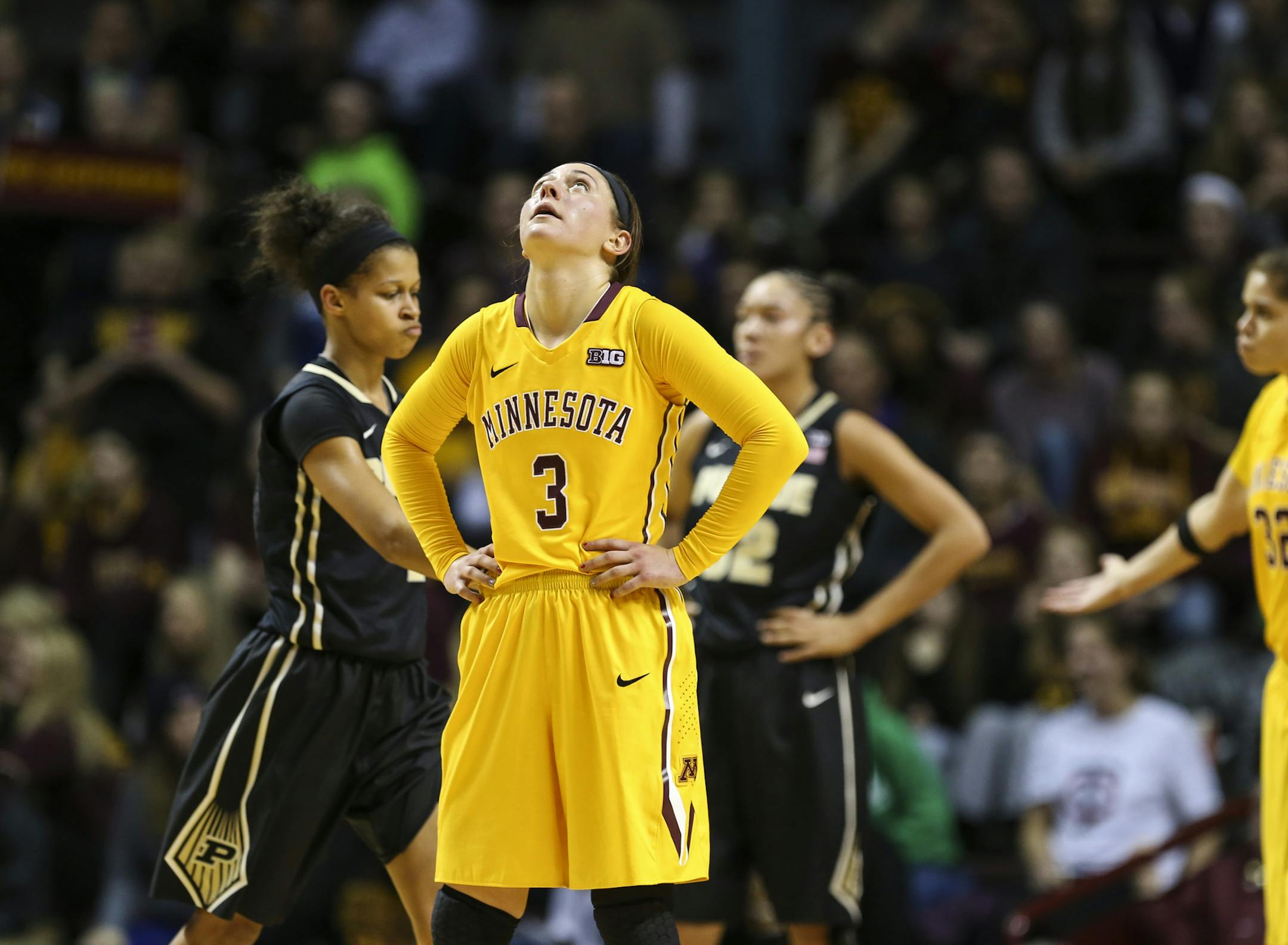 Gophers Shayne Mullaney (3) appeared frustrated during the second half. ] RENEE JONES SCHNEIDER • reneejones@startribune.com Minnesota Gophers women's basketball verse. Purdue Boilermakers at Williams Arena at the University of Minnesota on Thursday, January 22, 2015 in Minneapolis, Minn.