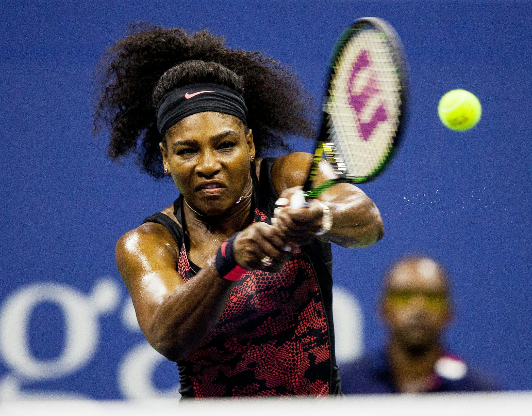 Serena Williams during her match against her sister, Venus Williams, in the quarterfinals of the U.S. Open tennis tournament at Arthur Ashe Stadium in New York, Sept. 8, 2015. (Sam Hodgson/The New York Times)