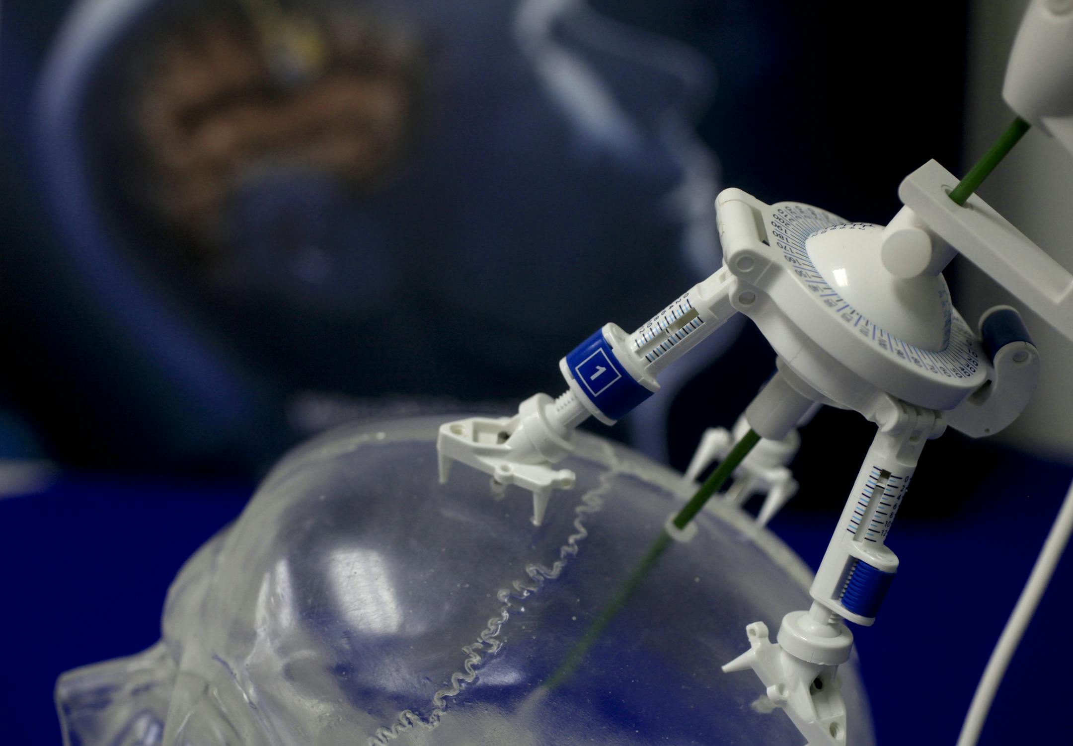 Model of the Monteris Medical devise which has a minimally invasive system to kill brain tumors while the patient is in an MRI machine. The company's software can precisely guide a catheter directly within a brain tumor so a laser can destroy only diseased tissue. Plymouth, MN on February 18, 2013. ] JOELKOYAMA&#x2022;joel.koyama@startribune.com