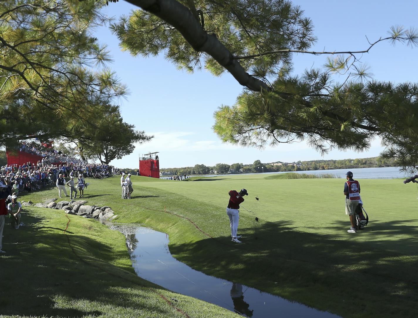 Jordan Spieth hits a fairway shot on the 7th in the fourball matchup Saturday afternoon against the european team of Justin Rose and&#xa0;Henrik Stenson ] BRIAN PETERSON brian.peterson@startribune.com The Ryder Cup Afternoon fourball play Saturday October 1, 2016 at Hazeltine National Golf Club in Chaska, Minn.