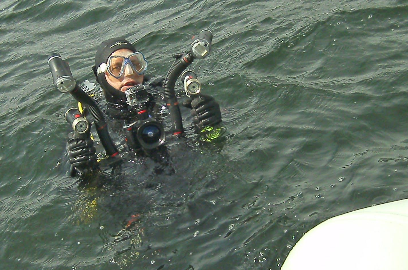 Mark Slick, Maritime Heritage Minnesota volunteer, on Lake Minnetonka during a dive Tuesday, 6/2/15. Credit: aritime Heritage Minnesota