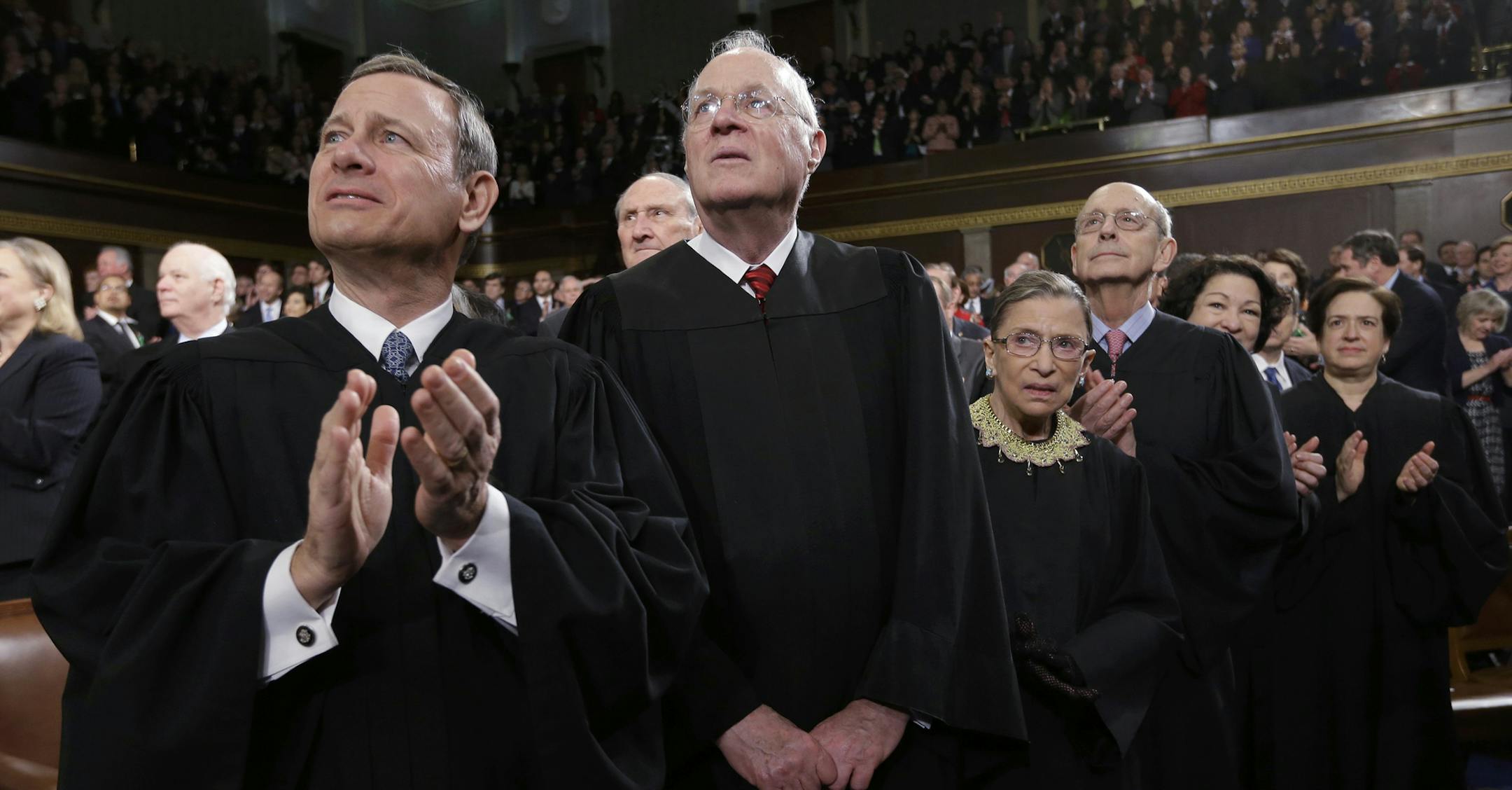 FILE -- From left: Chief Justice John Roberts Jr. and Justices Anthony Kennedy, Ruth Bader Ginsburg, Stephen Breyer, Sonia Sotomayor and Elena Kagan at President Obama's State of the Union address in Washington, Feb. 12, 2013. The Supreme Court was unanimous in about two-thirds of the 67 decision argued this term, which many experts said was a testament to the leadership of Roberts. (Charles Dharapak/Pool via The New York Times) -- FOR EDITORIAL USE ONLY.