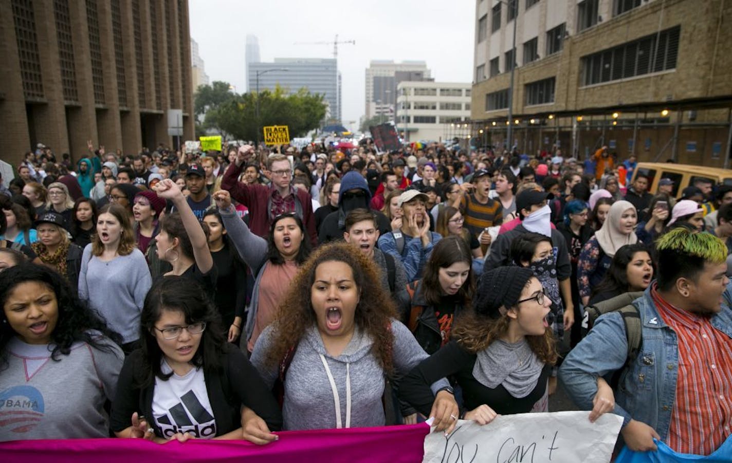 Anti-Trump protesters march along Lavaca Street in Austin, Texas, on Wednesday Nov. 9, 2016. Hundreds of University of Texas students marched through downtown Austin in protest of Donald Trump's presidential victory.