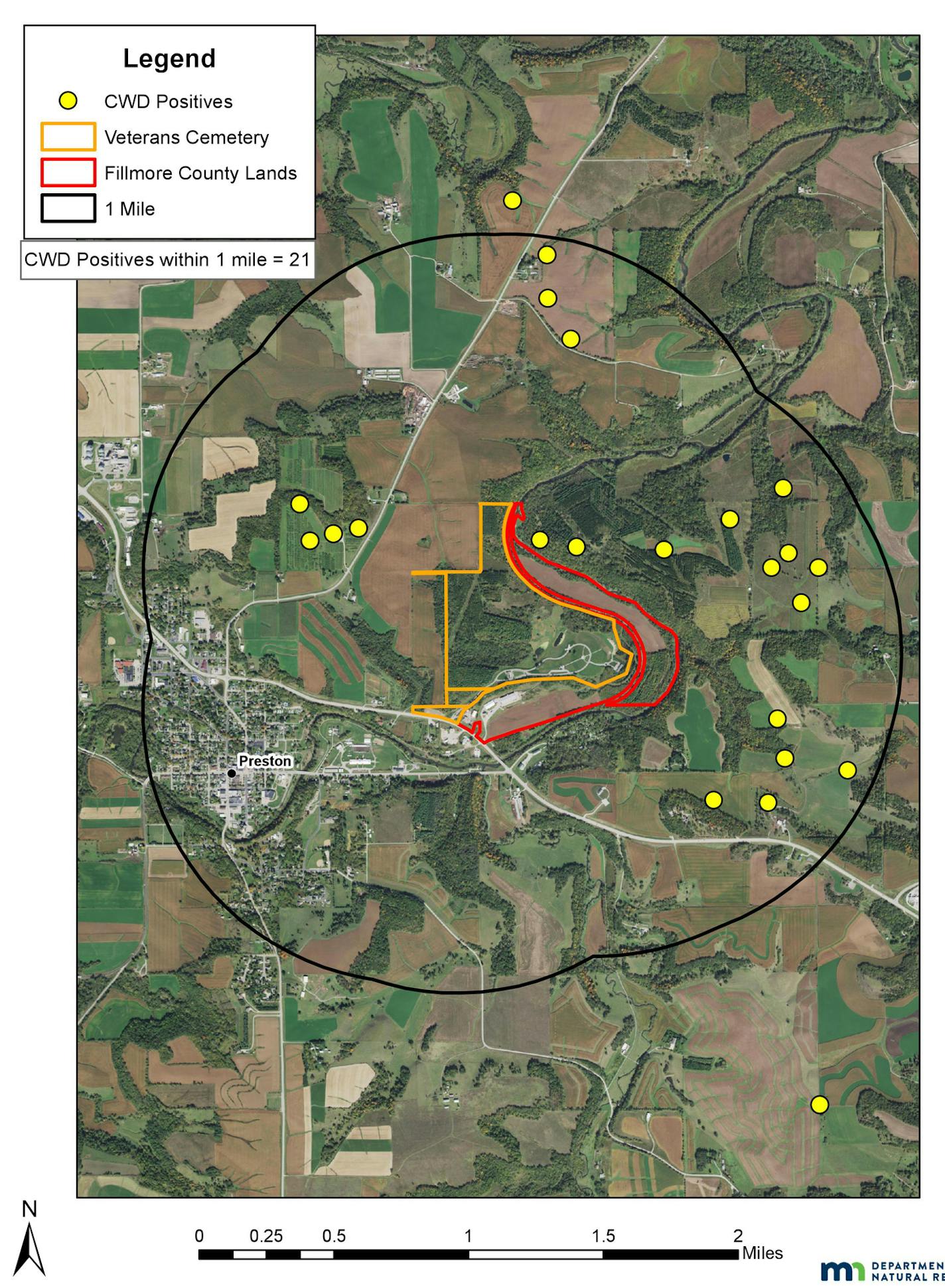 Twenty-one CWD-positive deer have been discovered within one miles of the State Veterans Cemetery in Preston and adjacent Fillmore County public land. The DNR has been denied access to these lands despite the importance of targeted removal in the state's multi-million dollar effort to stop the spread of the deer disease. Half of all CWD positive deer found in southeastern Minnesota were found within a mile of these outlined parcels.