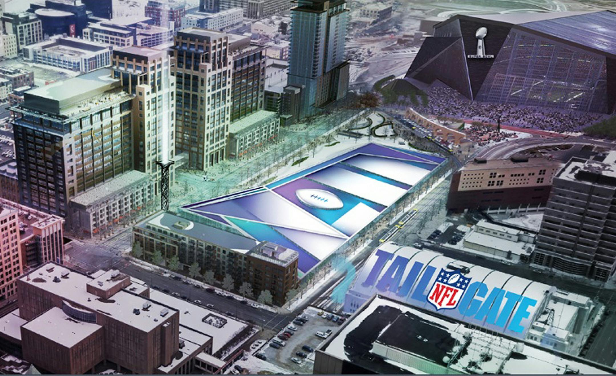 In this artist's rendering provided by the Minnesota Vikings on Wednesday, May 21, 2014, a Super Bowl LII logo covers a seven-acre prime space for an NFL tailgate party next to the new stadium, top right, which is under construction in Minneapolis. The image was part of the presentation made to NFL team owners before they voted to hold the 2018 Super Bowl in Minneapolis. (AP Photo/Minnesota Vikings)