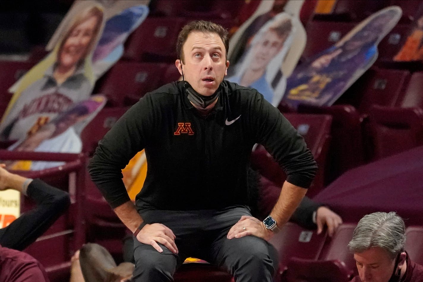 Minnesota coach Richard Pitino watches the team during the second half of an NCAA college basketball game against Purdue, Thursday, Feb. 11, 2021, in Minneapolis. (AP Photo/Jim Mone)