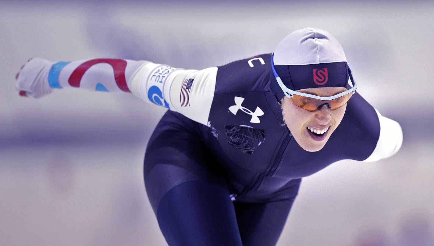 Anna Ringsred competes in the women's 3,000-meter during the U.S. Olympic speedskating trials on Friday, Dec. 27, 2013, in Kearns, Utah. Ringsred came in second place. (AP Photo/Rick Bowmer) ORG XMIT: MIN2014010711330663