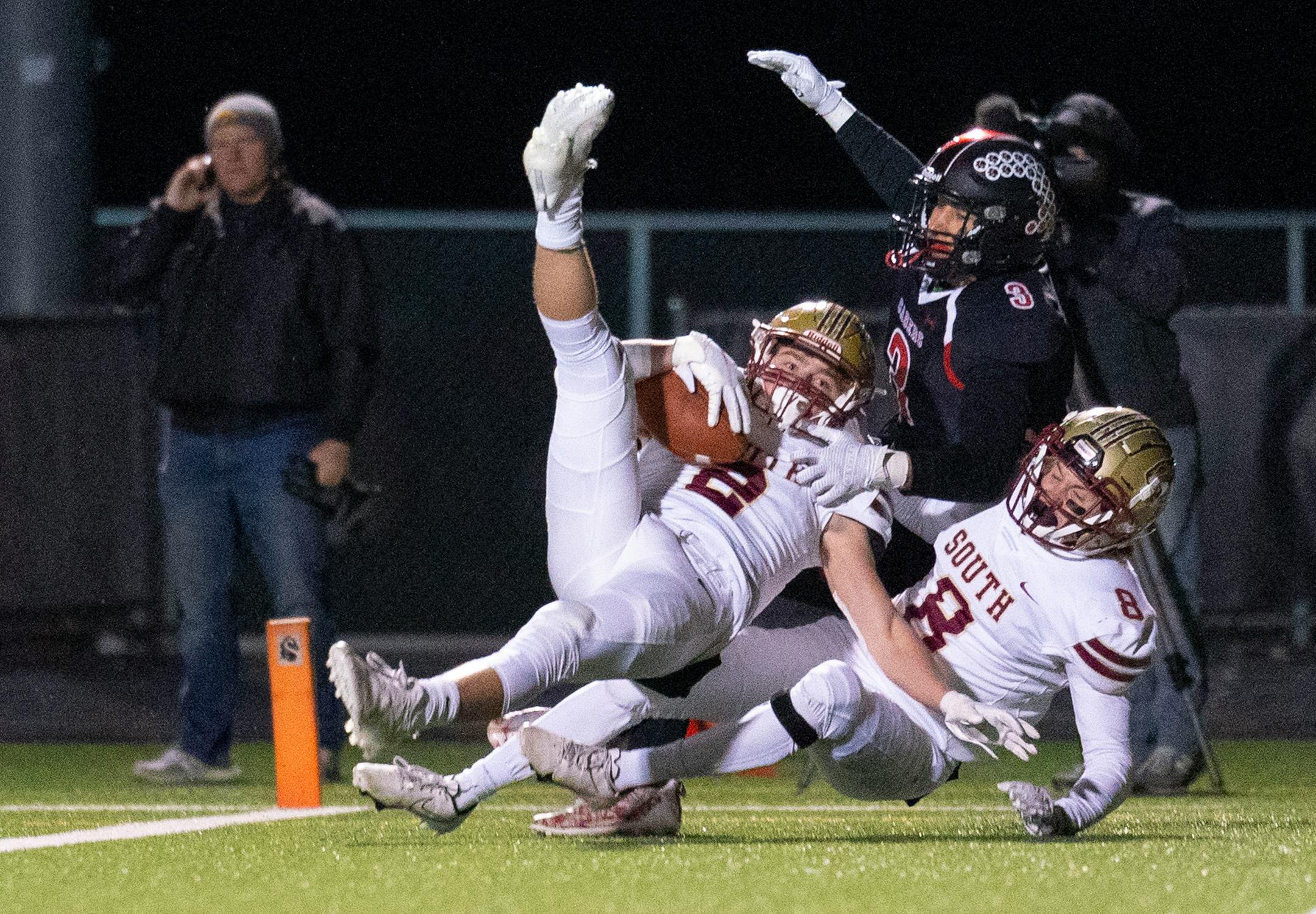 Lakeville South High School defensive back Ryder Patterson (2) intercepted a pass in the endzone against and Shakopee High School in the first quarter in a 6A football quarterfinals game Friday, Nov. 12, 2021 in Stillwater, Minn.. The teams were tied 21-21 at halftime. ]