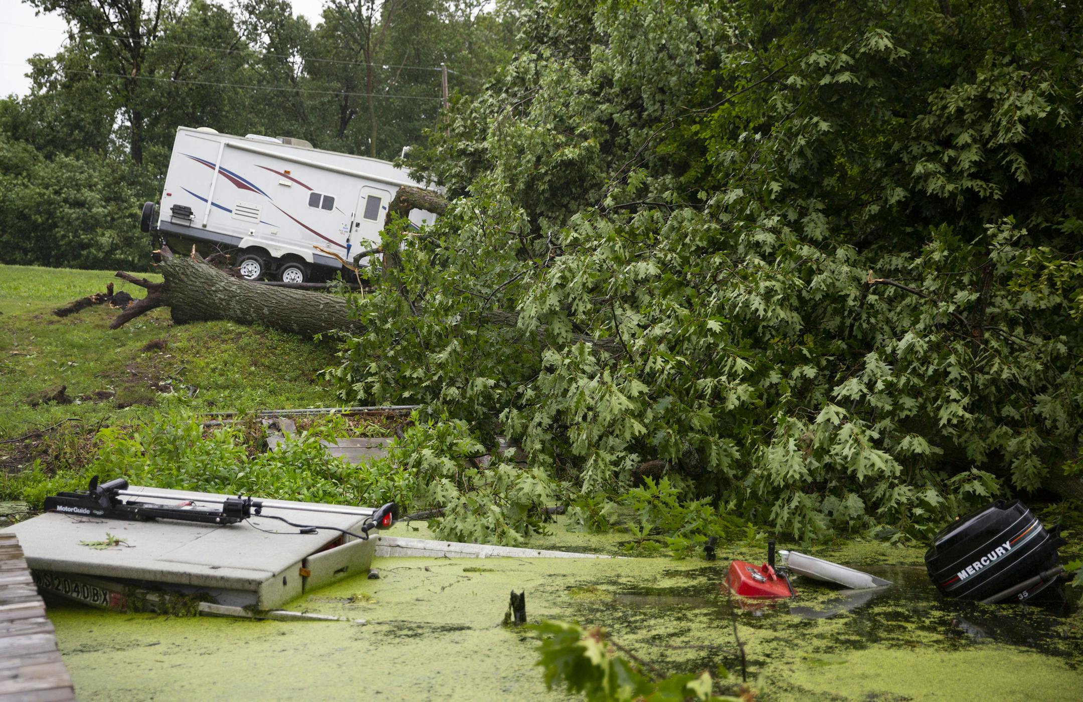 A small boat and mobile home were destroyed by severe storms on Friday. ALEX KORMANN &#xa5; alex.kormann@startribune.com Severe storms ripped through western Wisconsin on Friday evening, hitting towns like Turtle and Lake especially hard. Thousands were left without power and property damages were abundant.