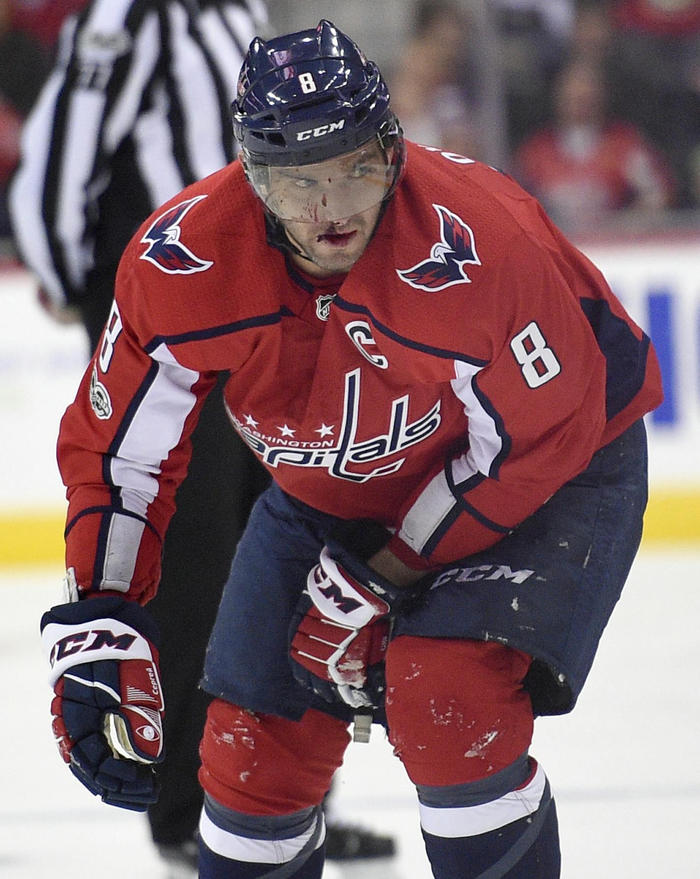 Washington Capitals left wing Alex Ovechkin (8), of Russia, leaves the ice after he was injured during the second period of an NHL hockey game against the Minnesota Wild, Saturday, Nov. 18, 2017, in Washington. (AP Photo/Nick Wass)